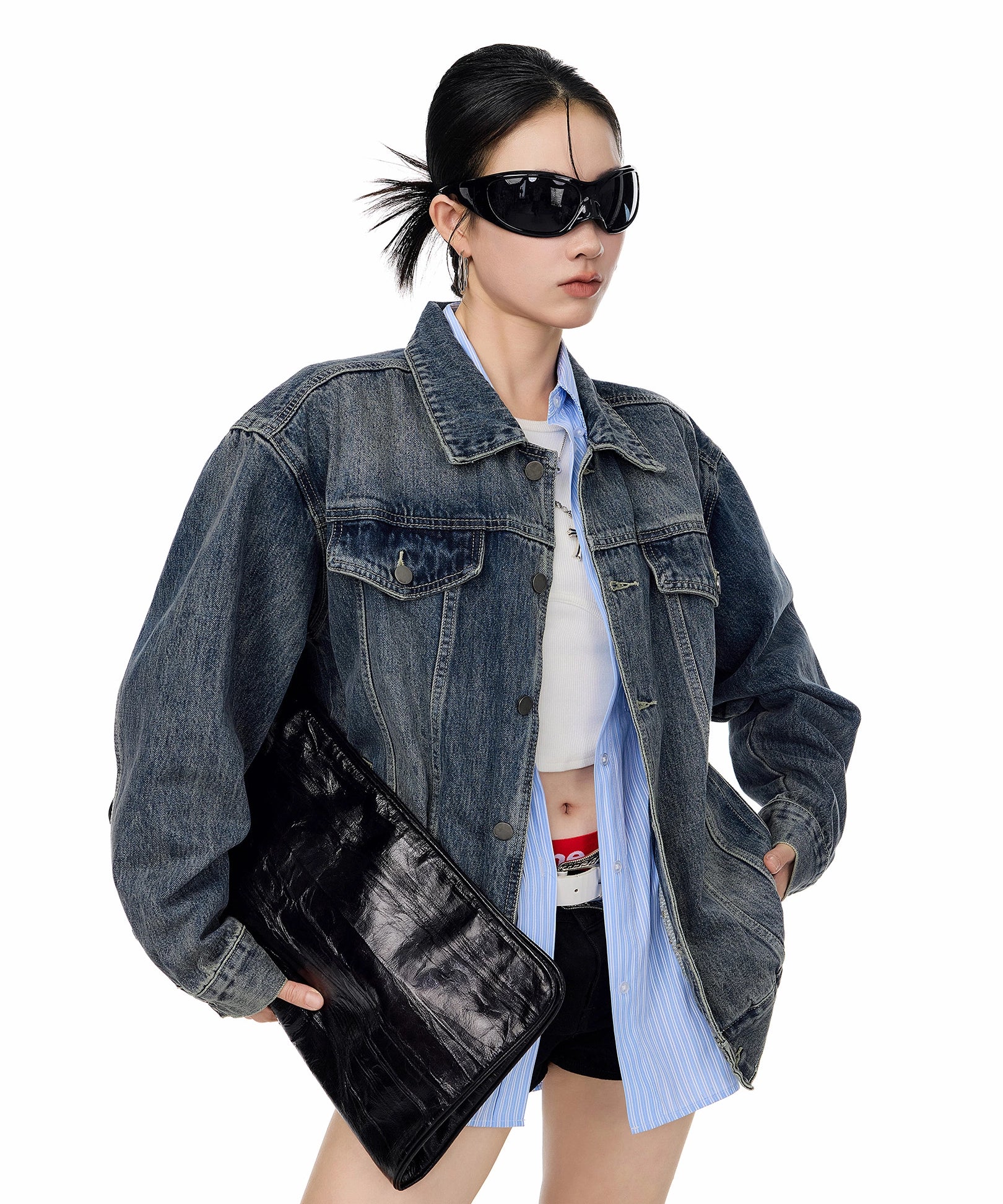 ICH MODE 美式复古水洗牛仔外套女秋冬翻领工装夹克宽松休闲上衣