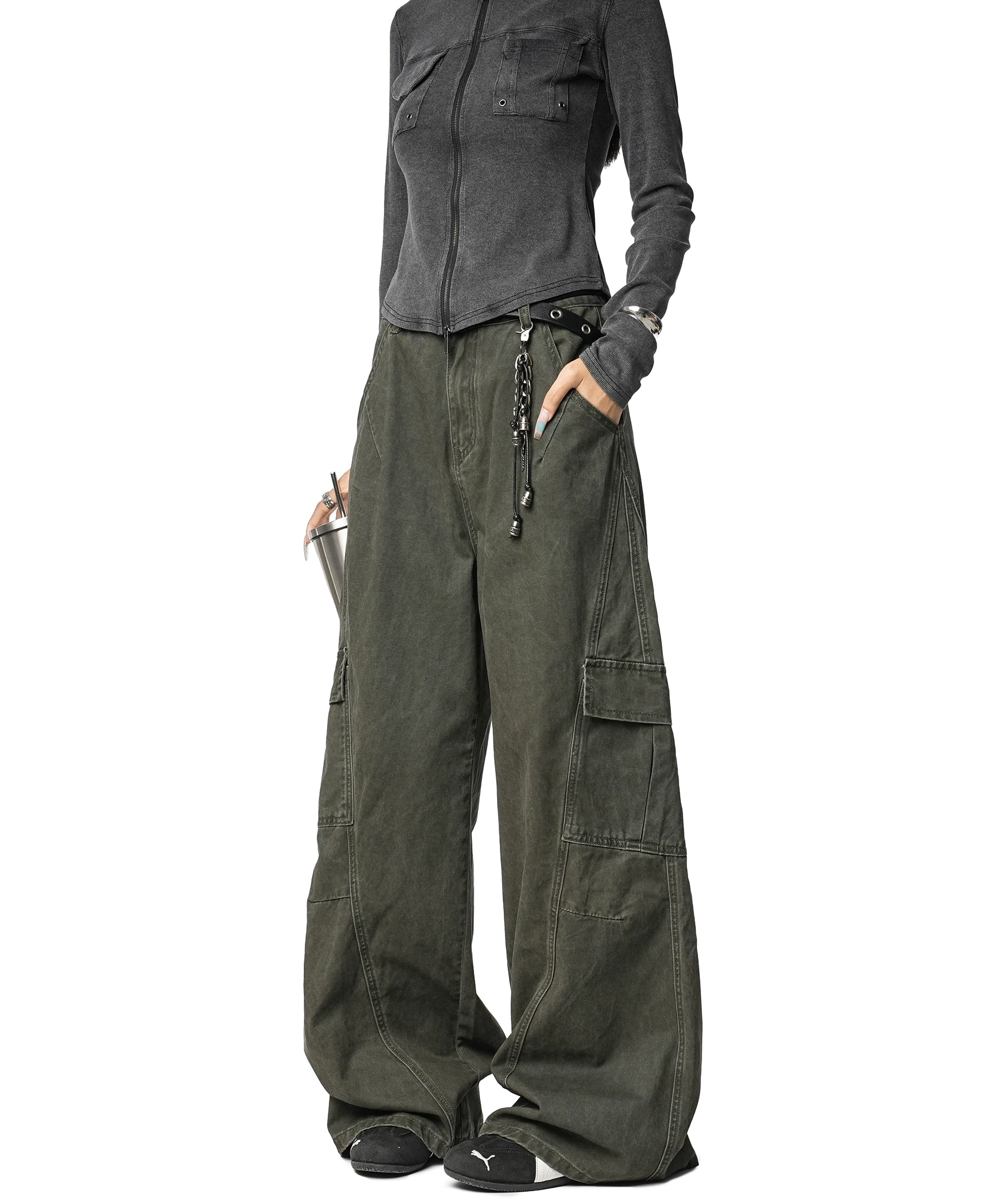 ICH MODE 美式复古宽松阔腿休闲裤女秋冬百搭直筒裤工装裤运动裤