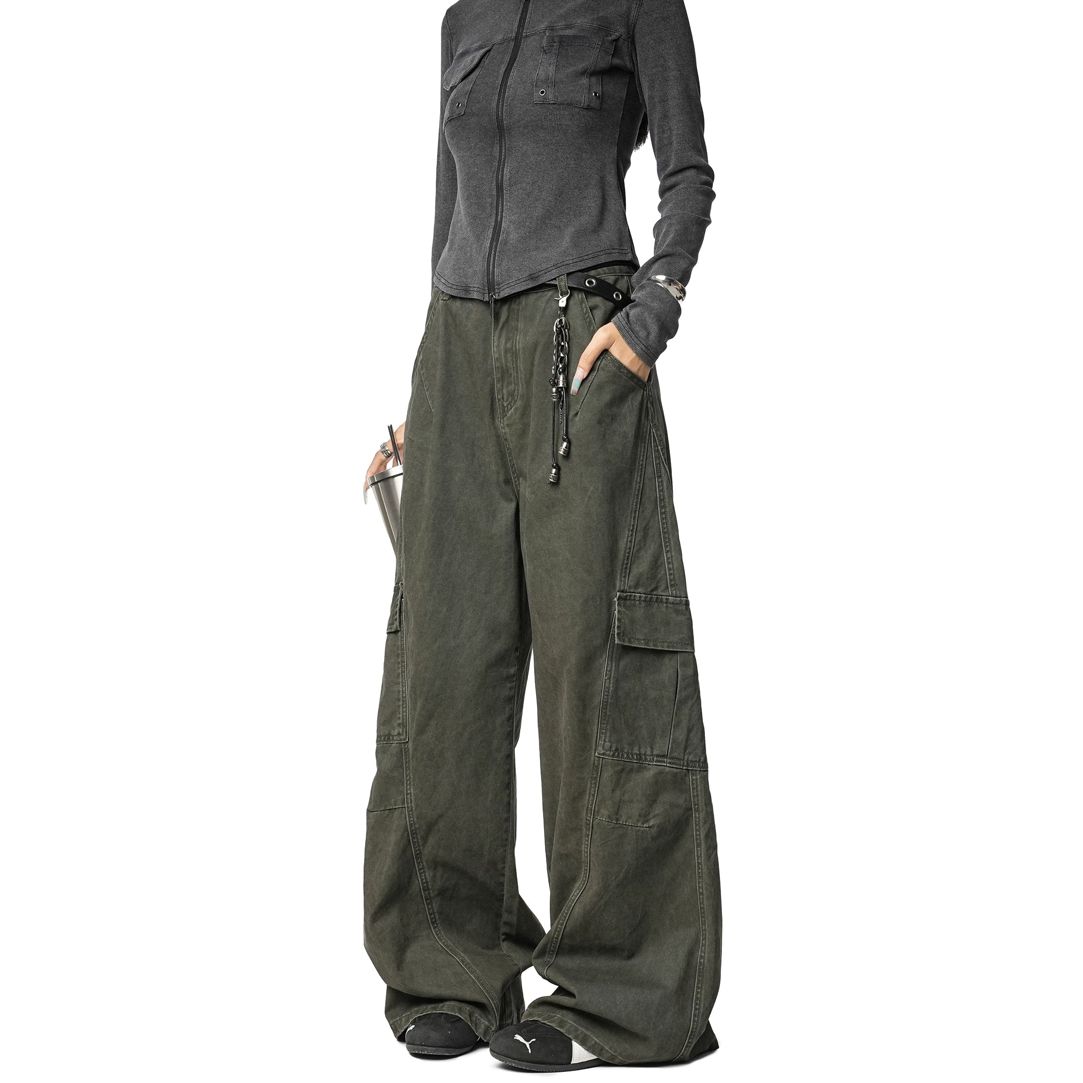 ICH MODE 美式复古宽松阔腿休闲裤女秋冬百搭直筒裤工装裤运动裤