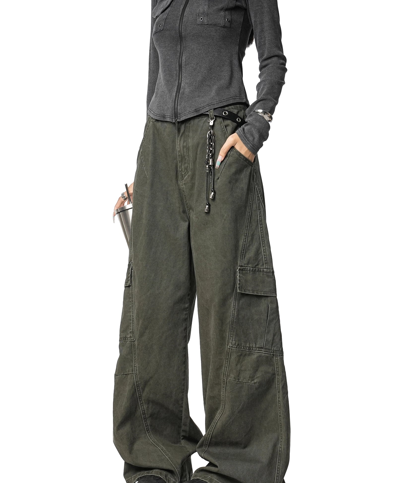 ICH MODE 美式复古宽松阔腿休闲裤女秋冬百搭直筒裤工装裤运动裤