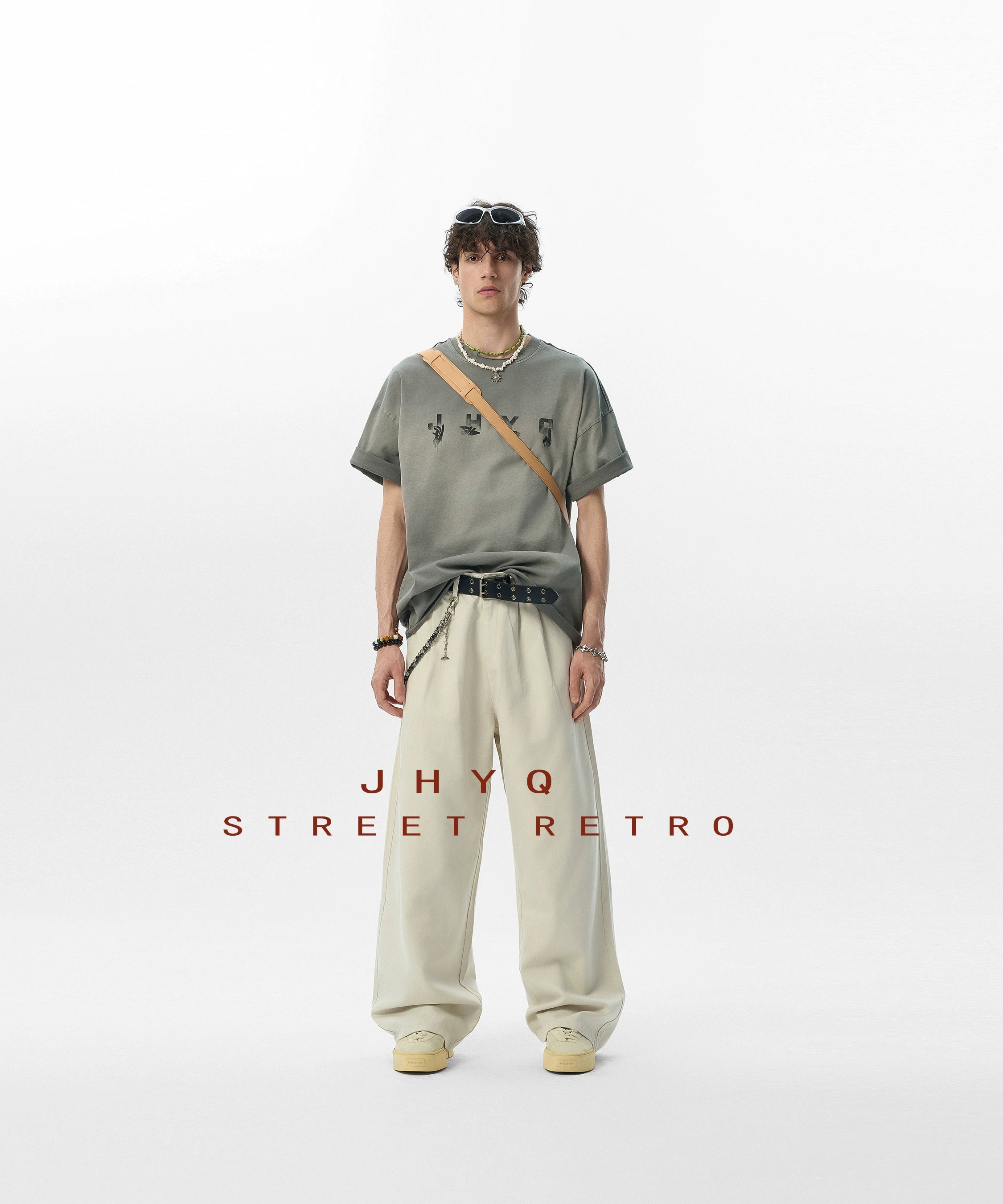 【水洗系列】JHYQ美式做旧创意手势印花落肩双领短袖T恤男夏宽松