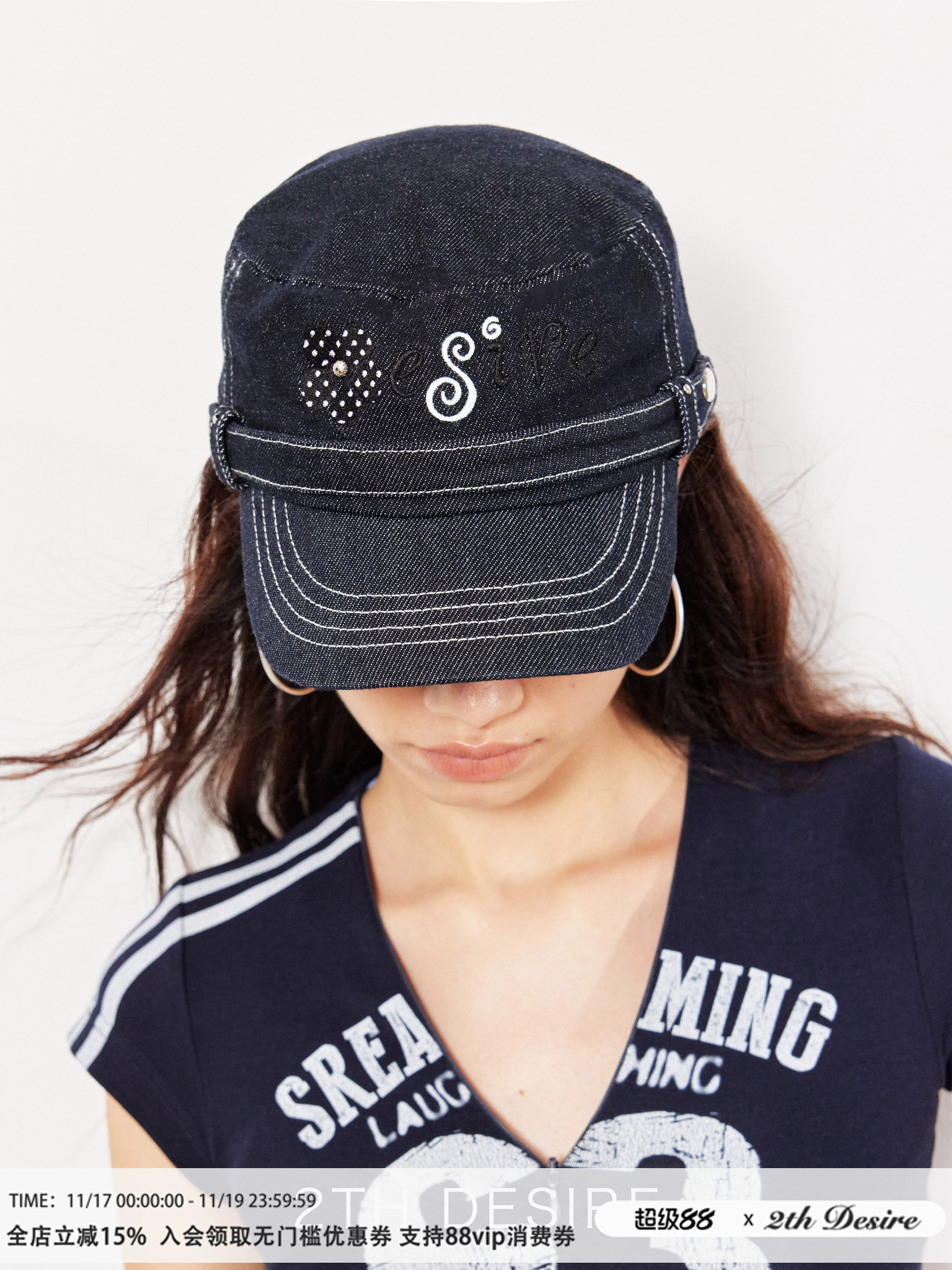 2th Desire原创原牛波点花朵字母刺绣撞色线菊花钉铆钉马术画报帽