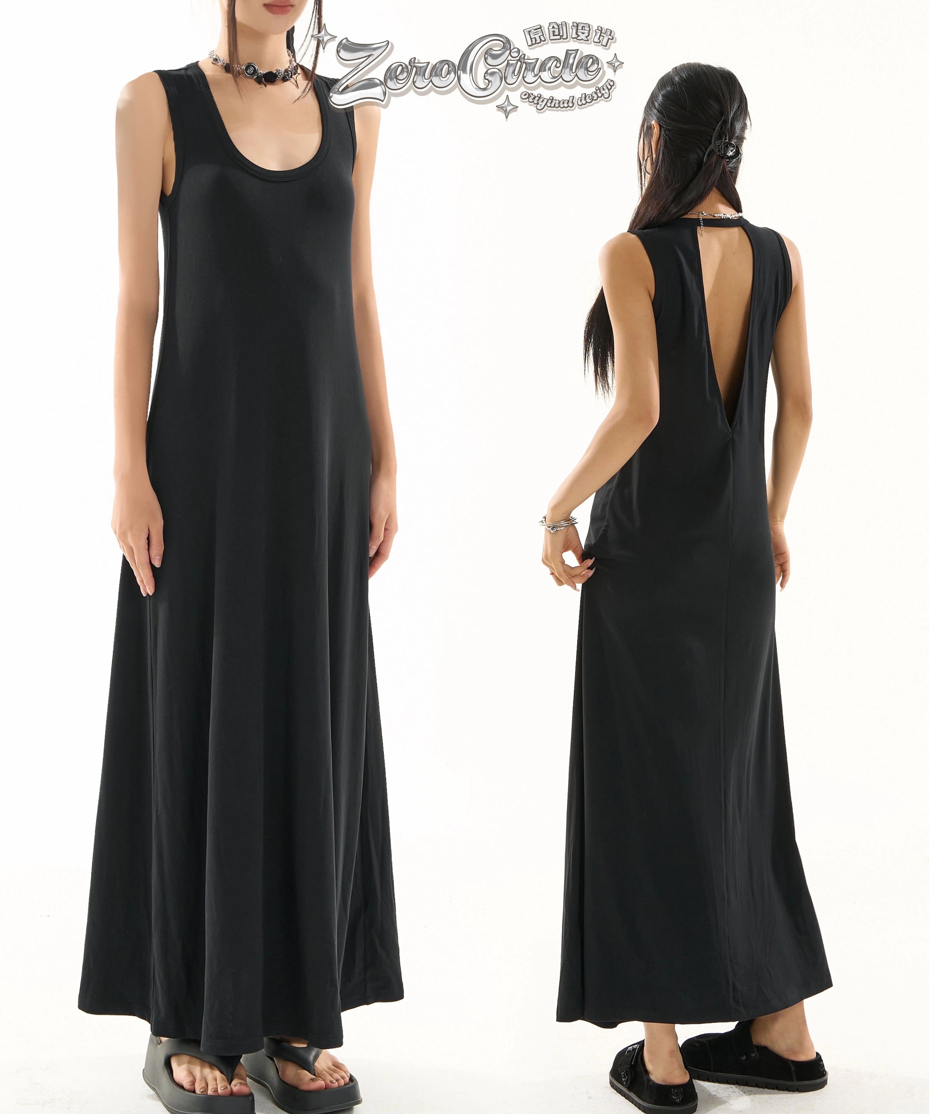 野生zero黑灰色镂空无袖连衣裙女夏季小众设计宽松显瘦背心长裙子