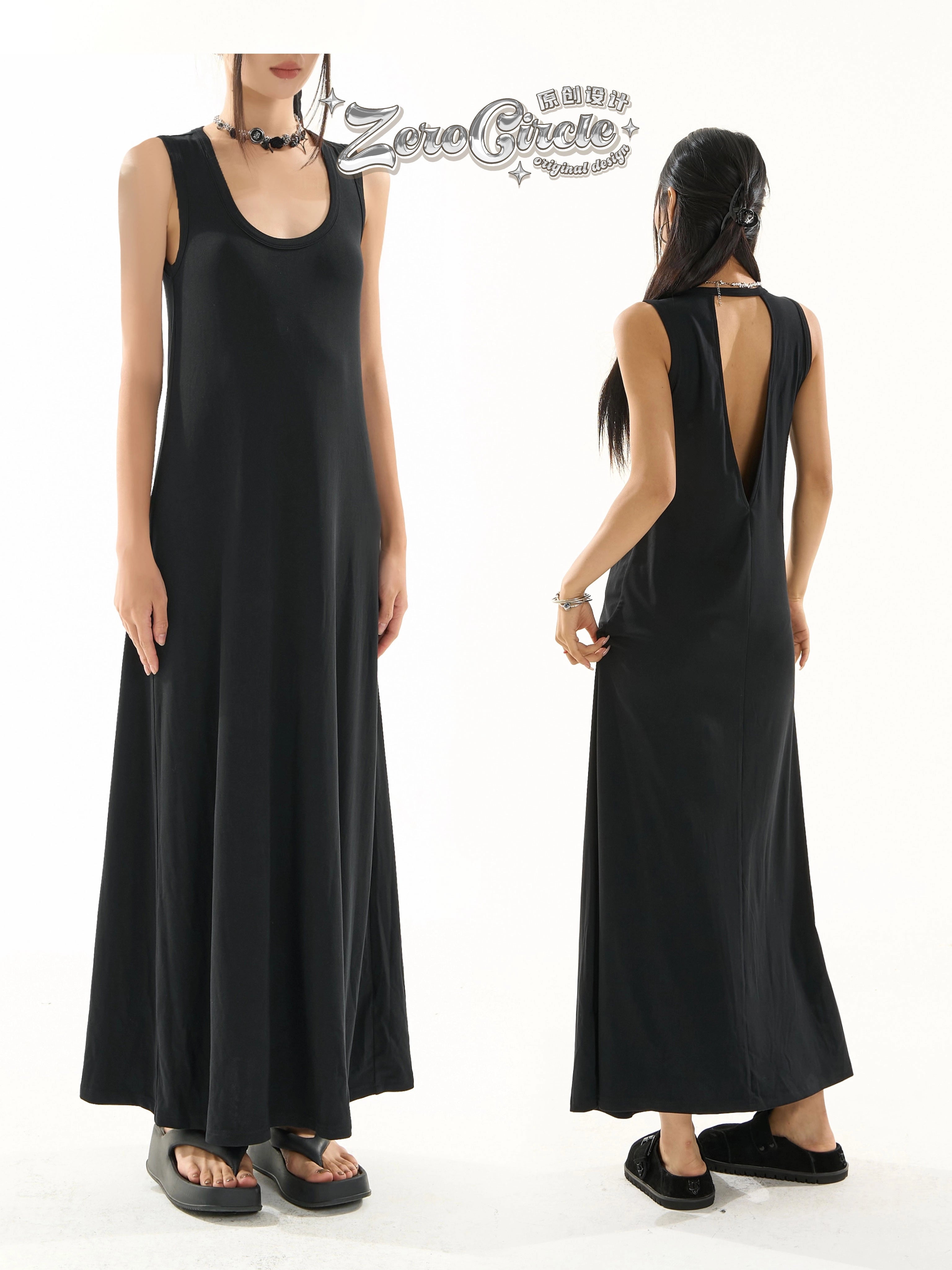 野生zero黑灰色镂空无袖连衣裙女夏季小众设计宽松显瘦背心长裙子