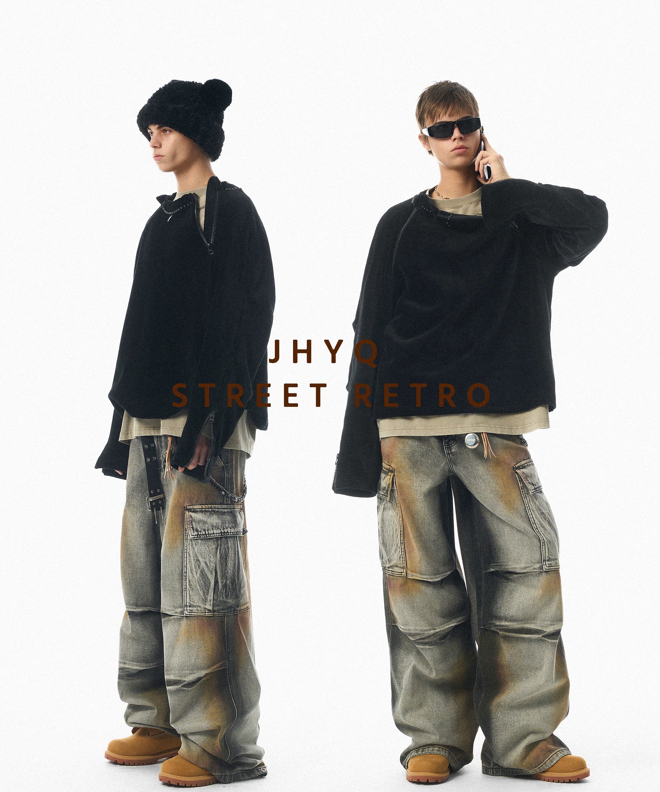 【小鬼王琳凯同款】JHYQ美式脏染做旧口袋工装牛仔裤男潮牌嘻哈裤