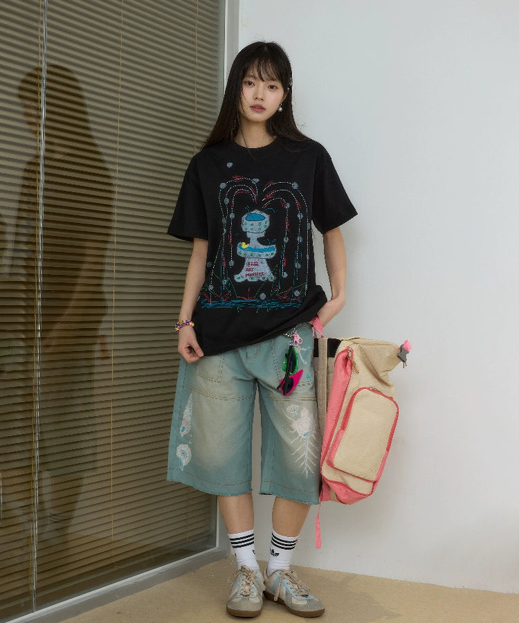 “闪光泉涌”| eeee小众设计感创意涂鸦喷泉短袖重工珠绣T恤夏季