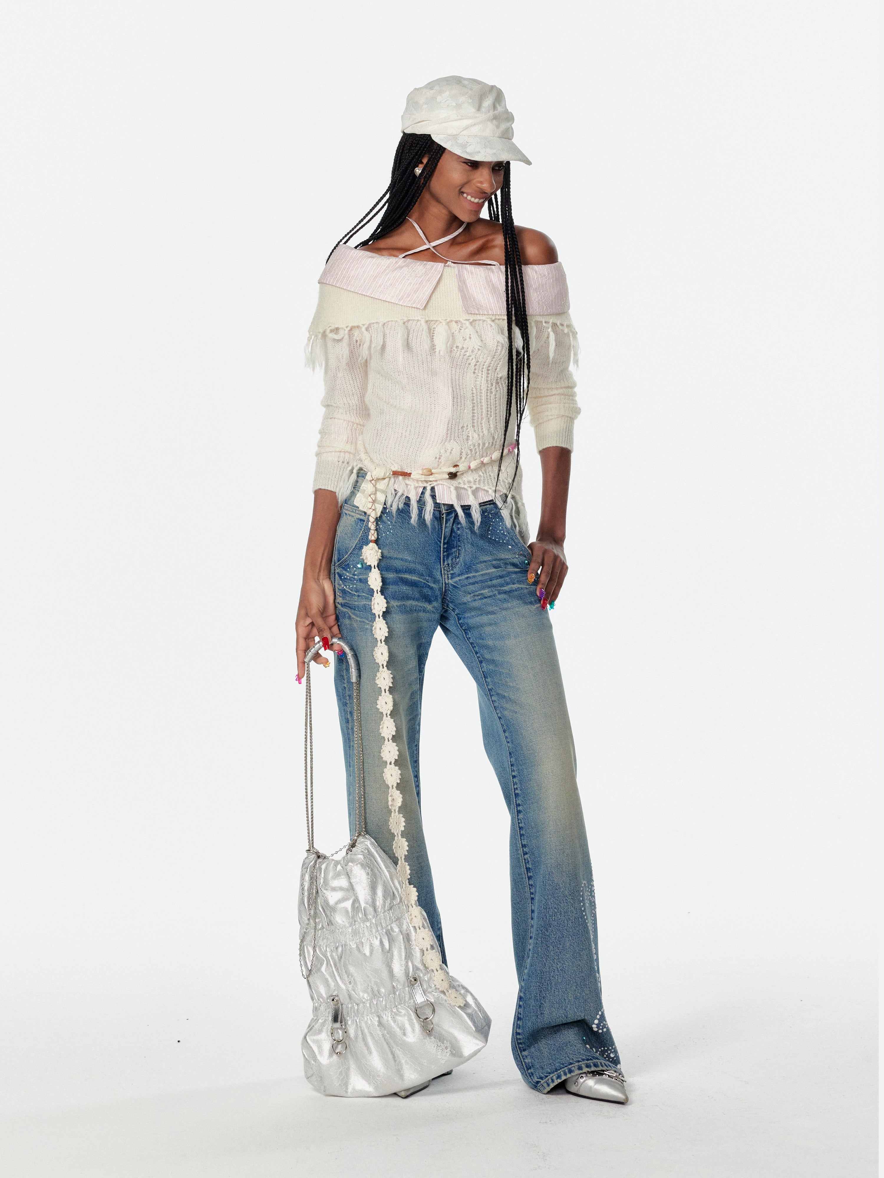 2th Desire美式复古重酵洗星落爱心烫钻低腰微喇浅色直筒牛仔裤女