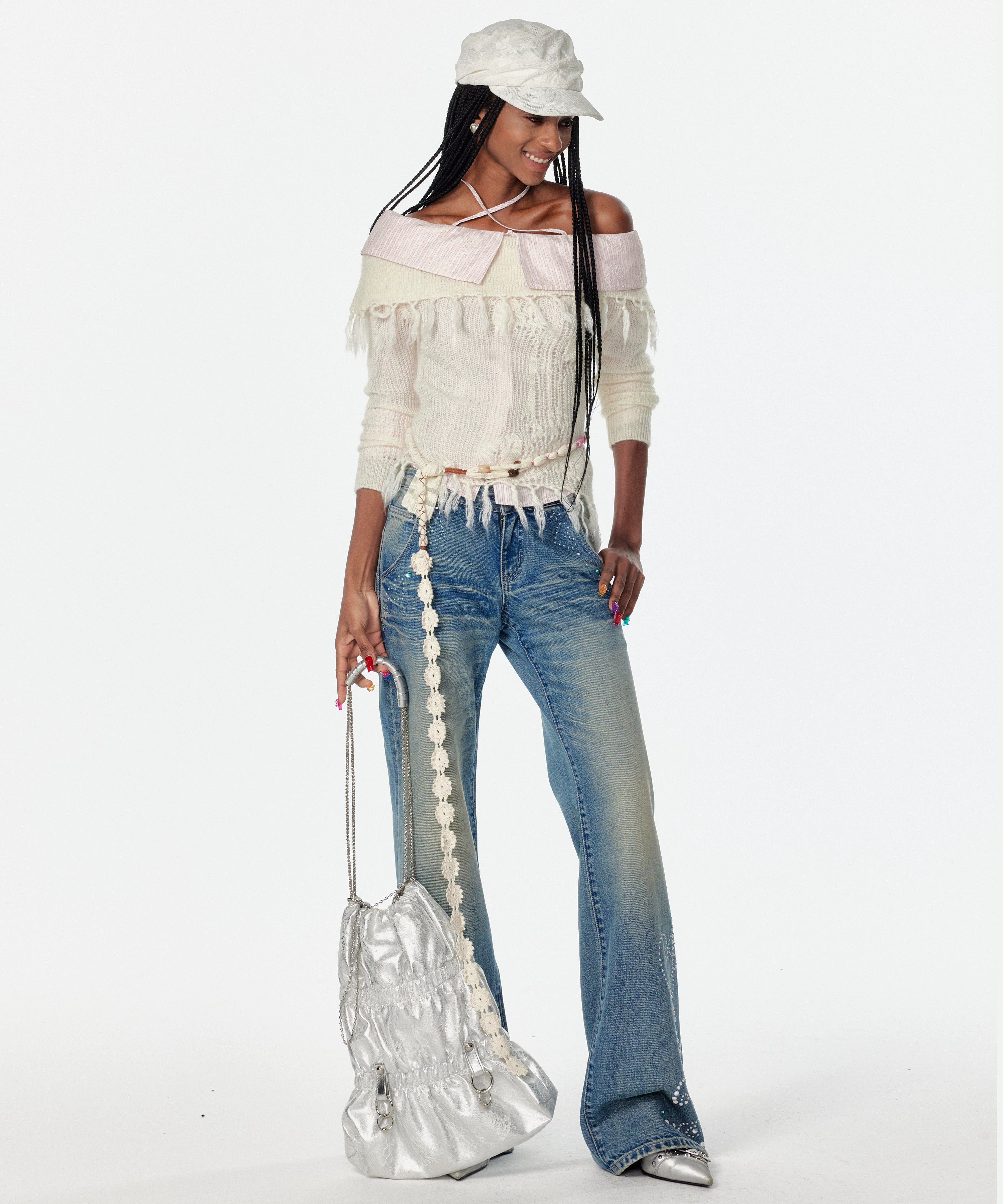 2th Desire美式复古重酵洗星落爱心烫钻低腰微喇浅色直筒牛仔裤女