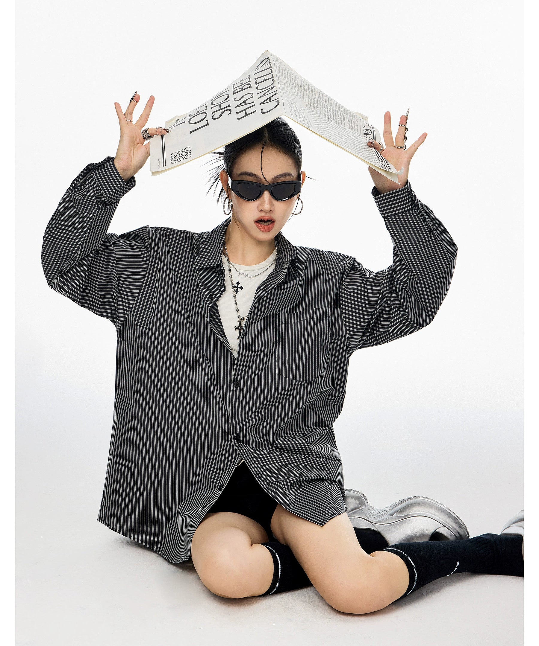 ICH MODE 美式复古条纹长袖衬衫女夏季新款宽松休闲翻领衬衣外套