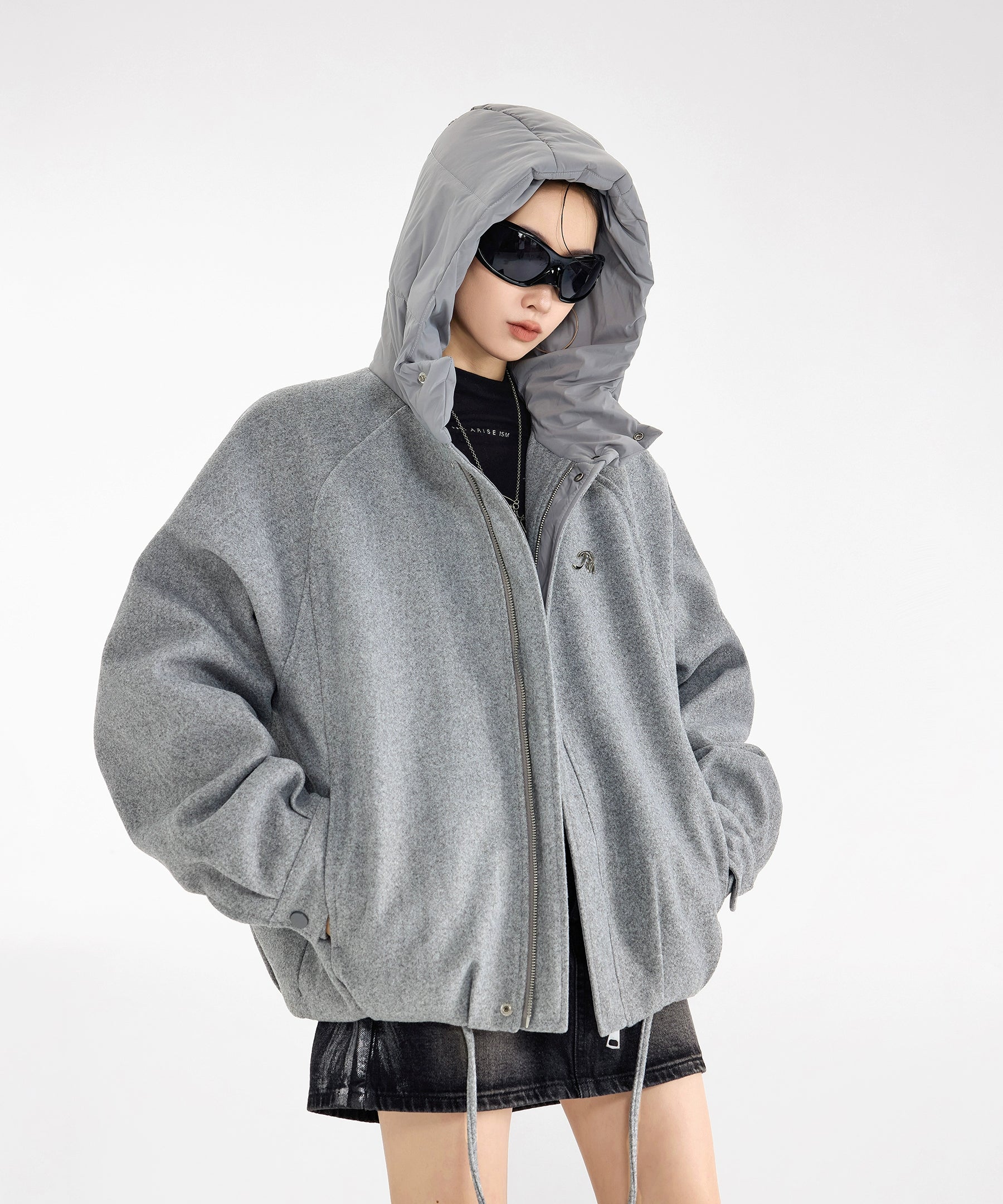 ICH MODE 美式复古拼接连帽棉服女新款冬季宽松保暖棉衣开衫外套