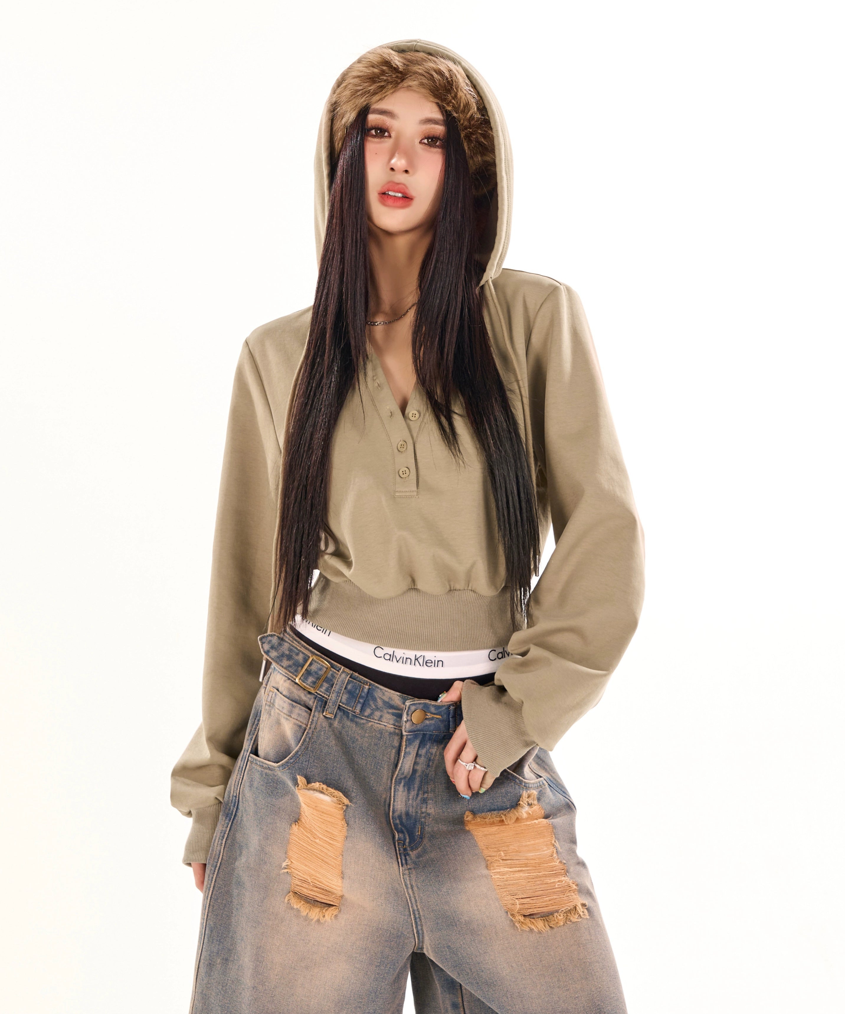 野生zerocircle 花灰色v领短款连帽卫衣女春秋季宽松显瘦休闲上衣