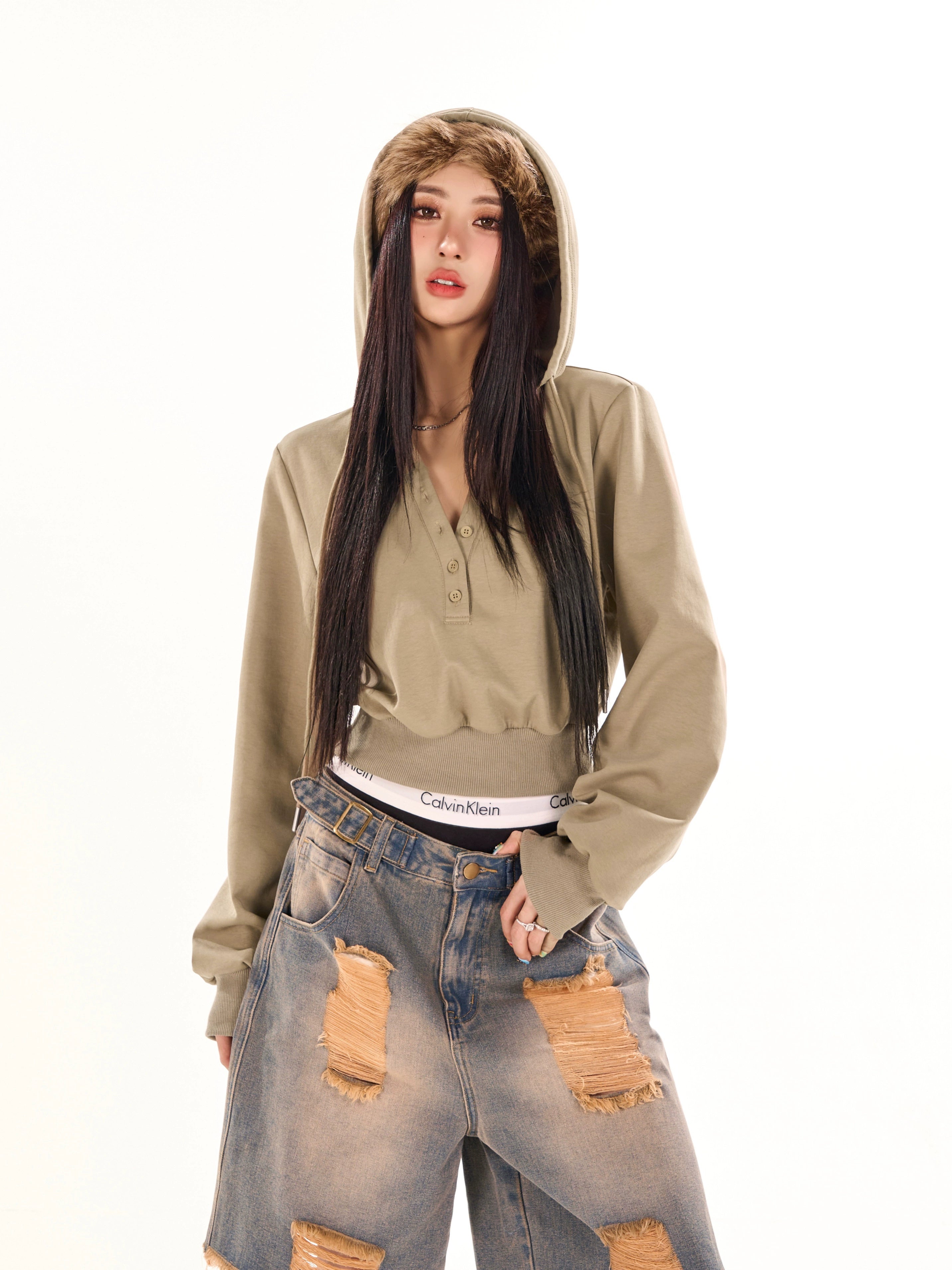 野生zerocircle 花灰色v领短款连帽卫衣女春秋季宽松显瘦休闲上衣