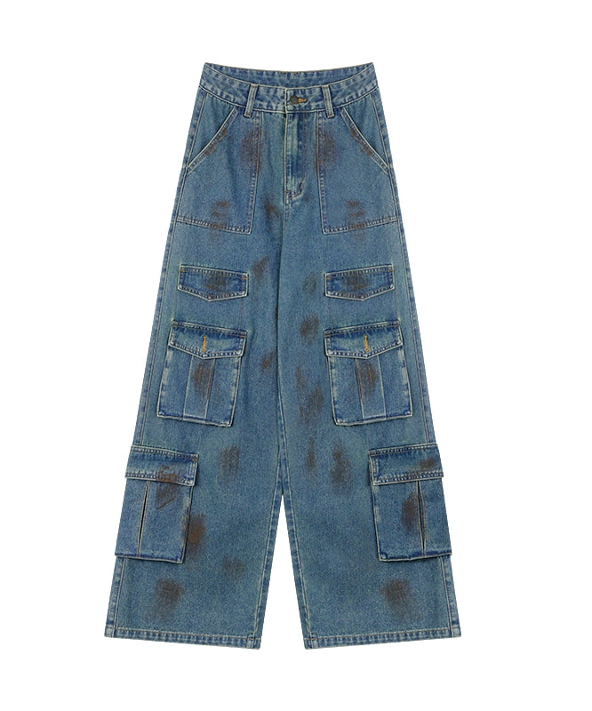 野生zerocircle复古蓝做旧工装牛仔裤女春宽松直筒阔腿设计感裤子