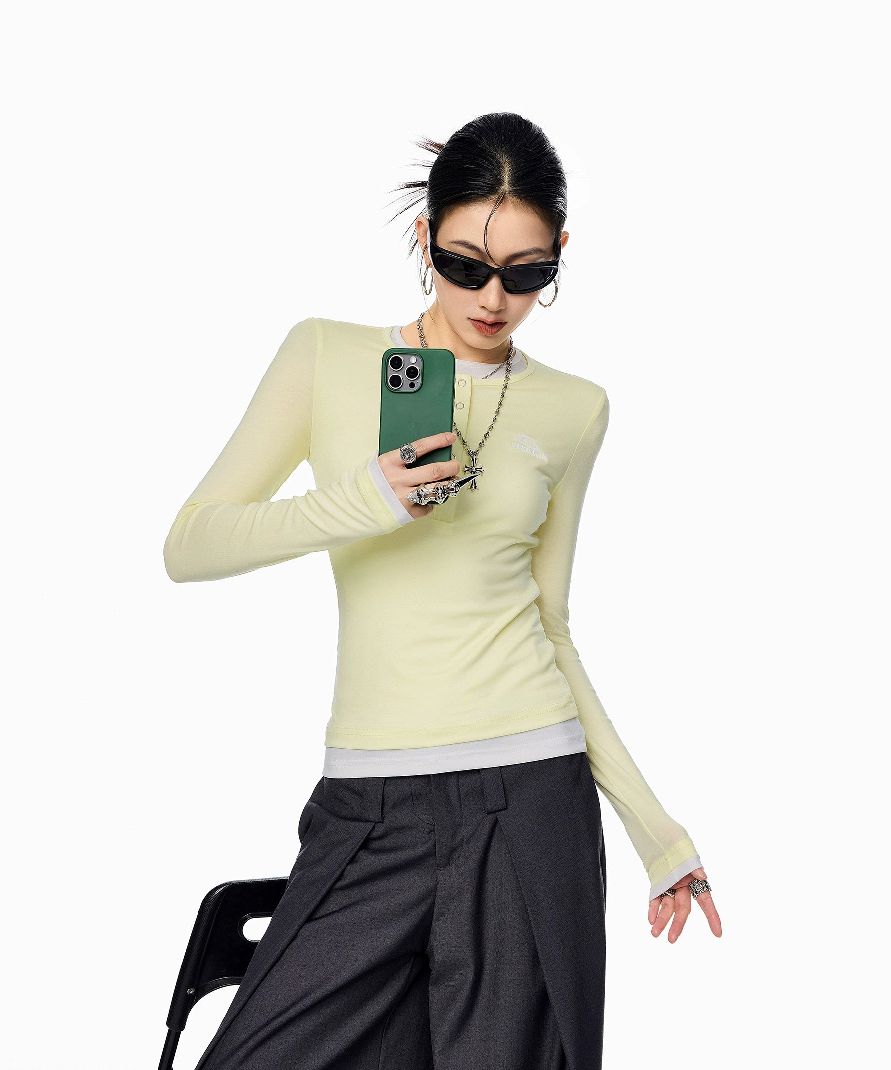 ICH MODE 美式亨利领假两件正肩长袖T恤女秋冬修身一字肩打底上衣