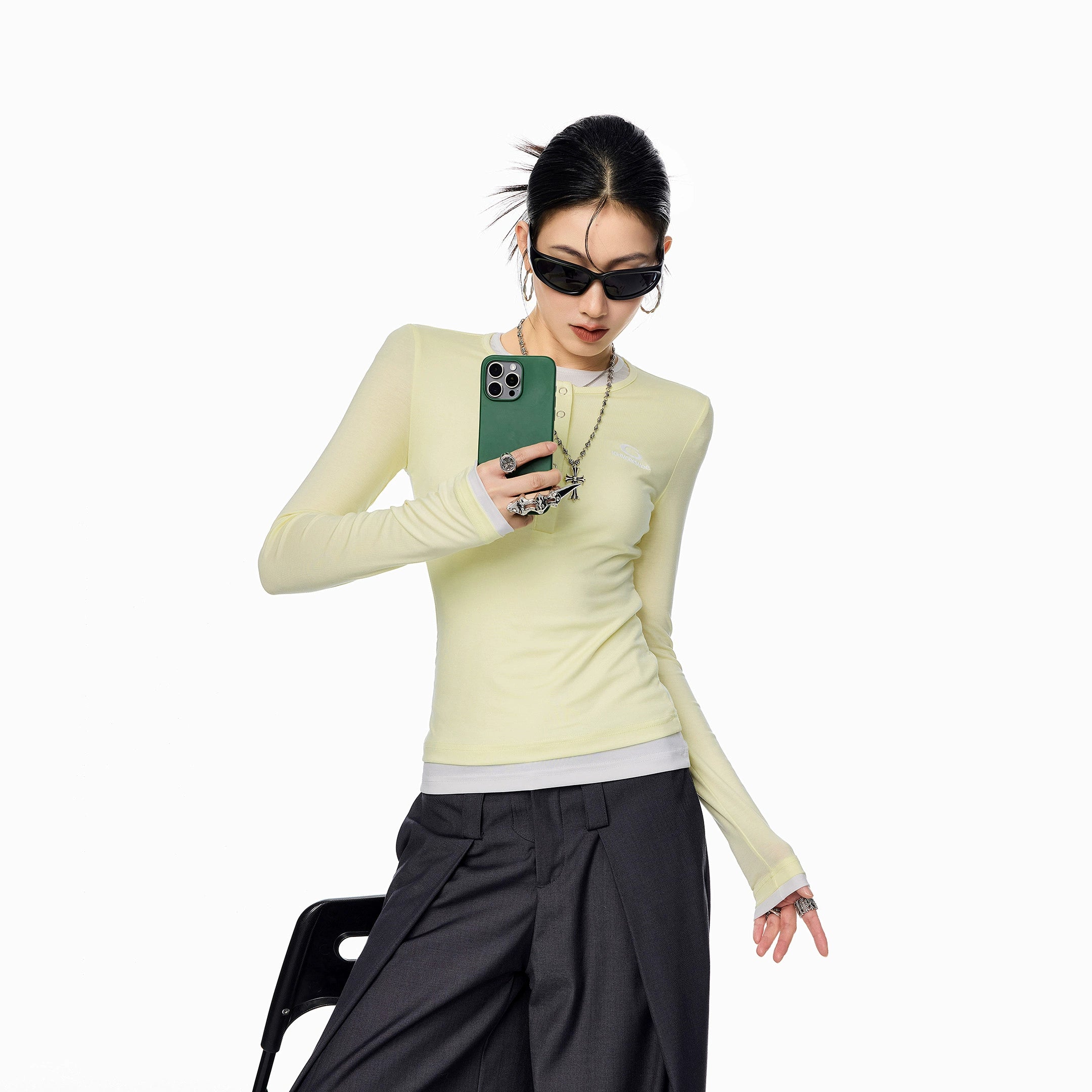 ICH MODE 美式亨利领假两件正肩长袖T恤女秋冬修身一字肩打底上衣