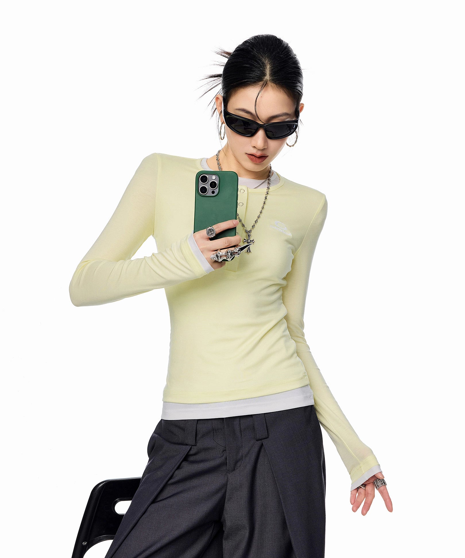 ICH MODE 美式亨利领假两件正肩长袖T恤女秋冬修身一字肩打底上衣