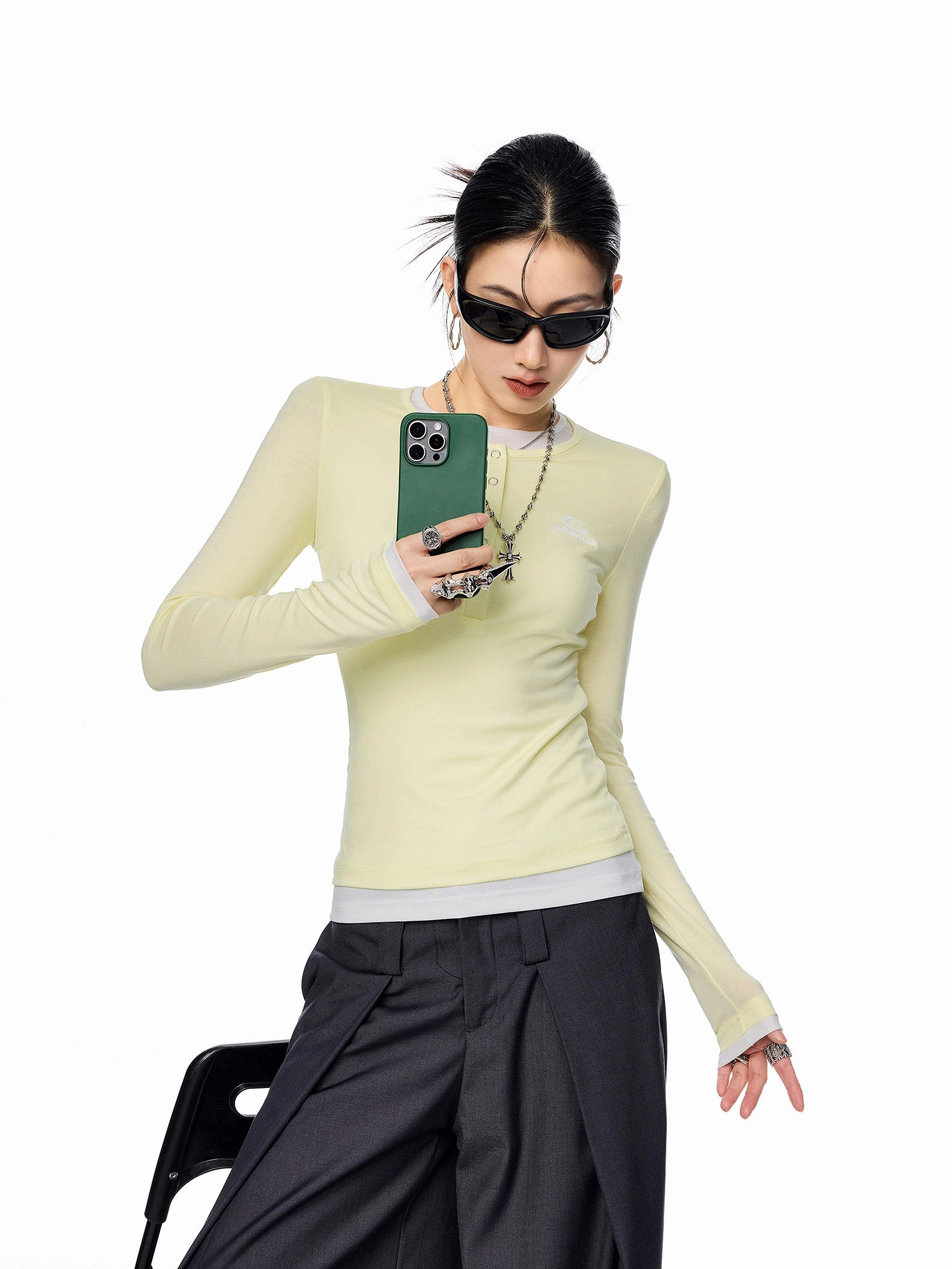 ICH MODE 美式亨利领假两件正肩长袖T恤女秋冬修身一字肩打底上衣