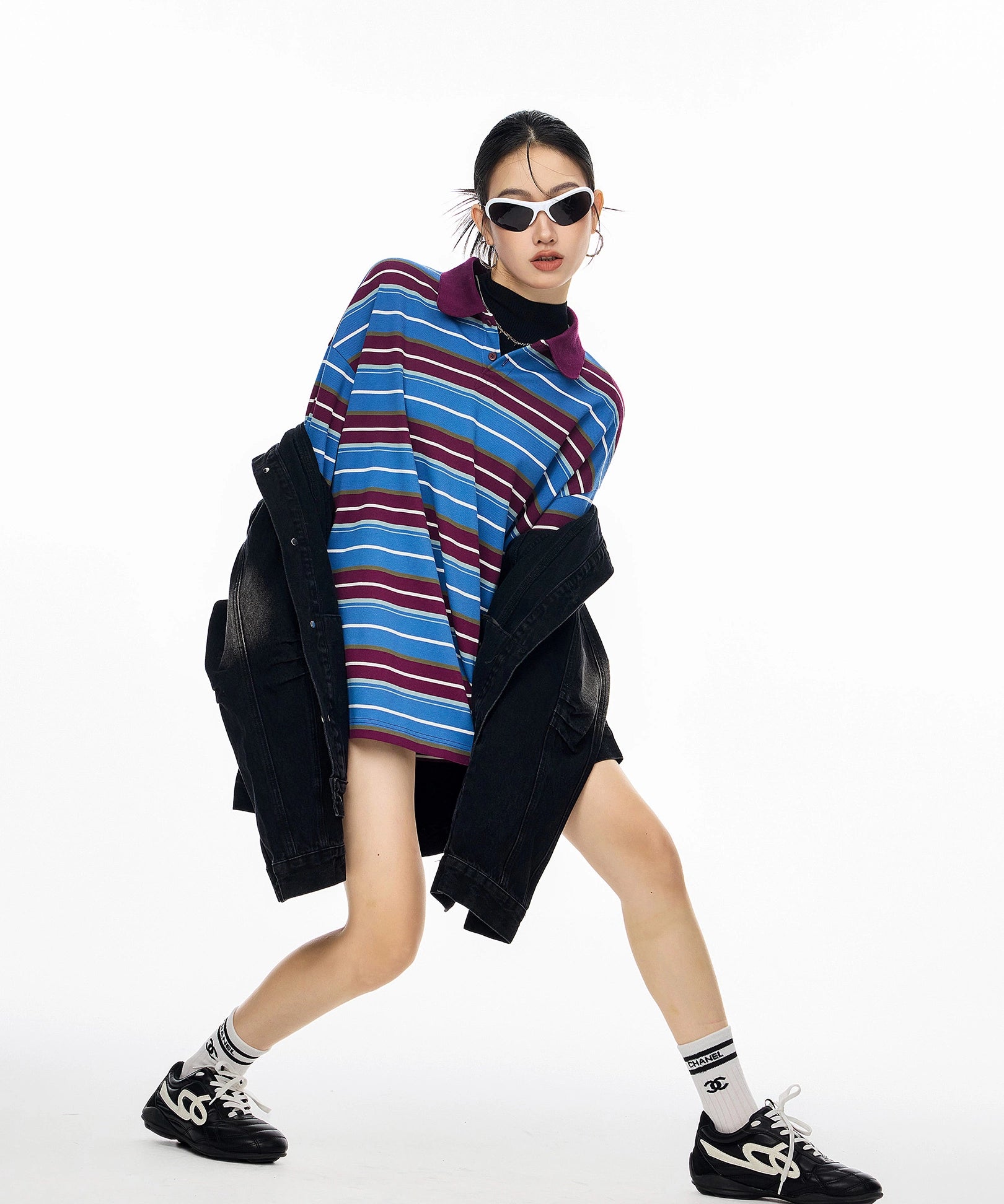 ICH MODE 美式复古条纹长袖T恤女秋冬新款拼接运动POLO衫休闲上衣