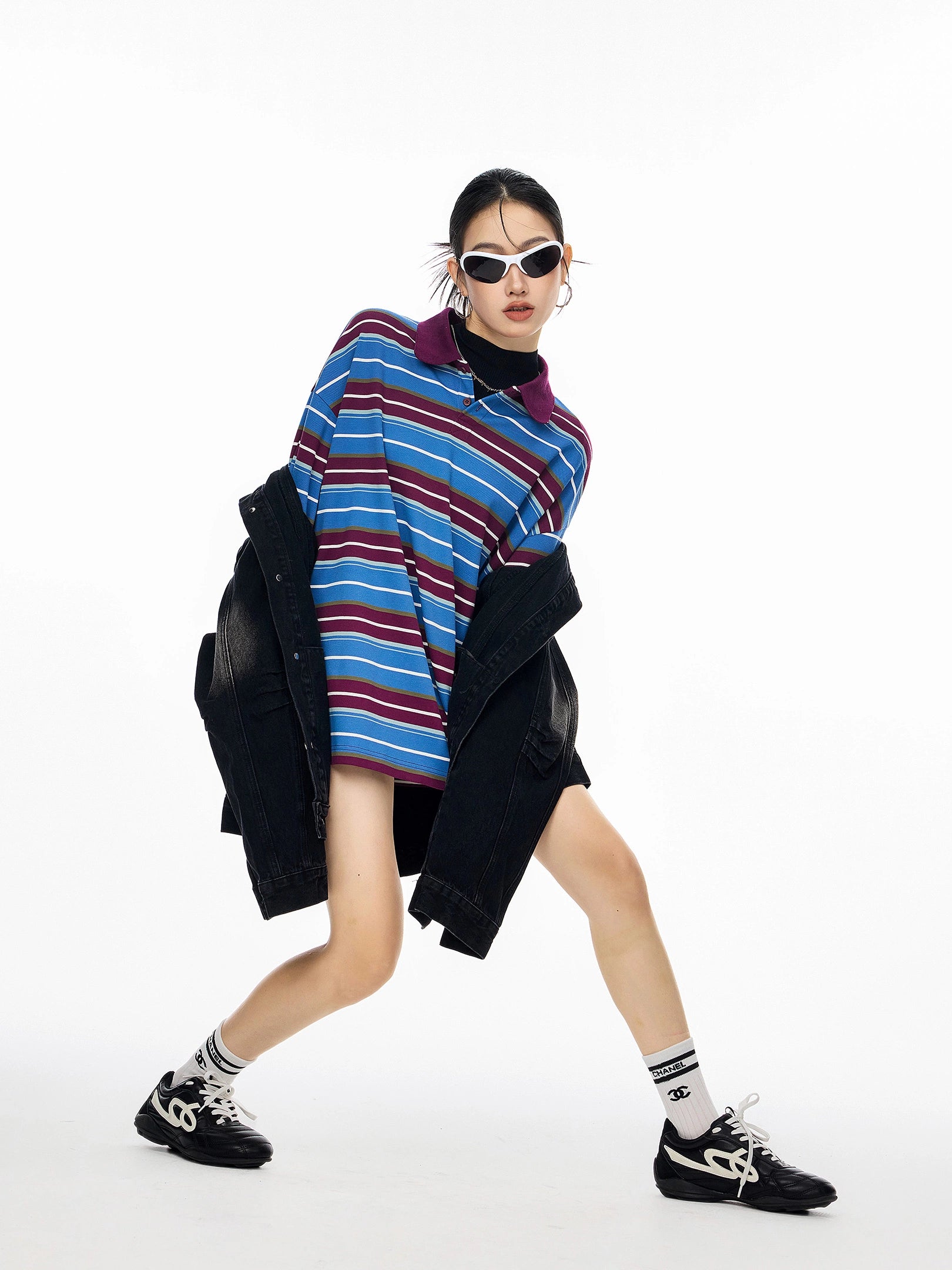 ICH MODE 美式复古条纹长袖T恤女秋冬新款拼接运动POLO衫休闲上衣