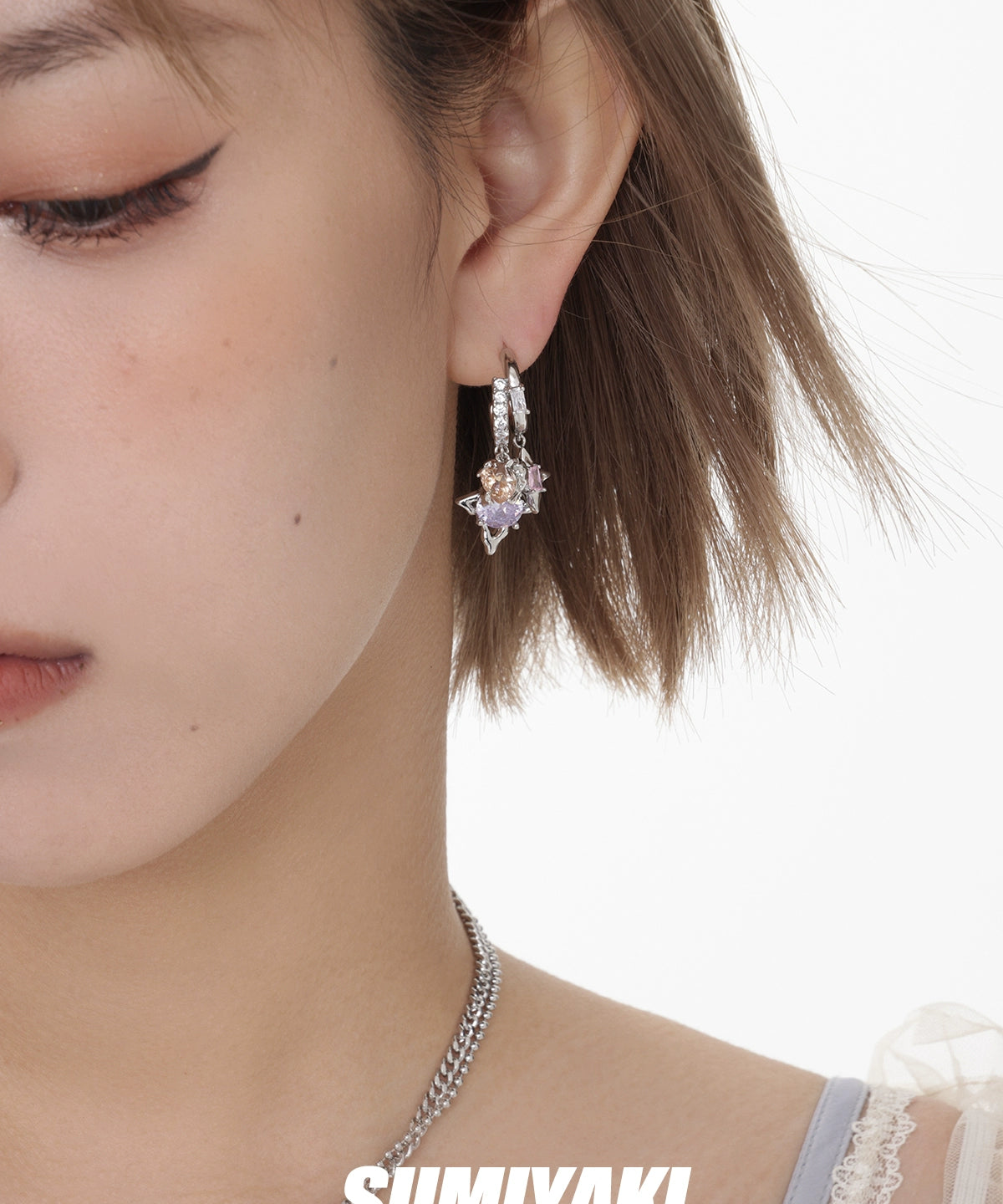 墙推！SUMIYAKI原创谜物系列浪漫彩色叠戴锆石耳环s925银针耳饰女