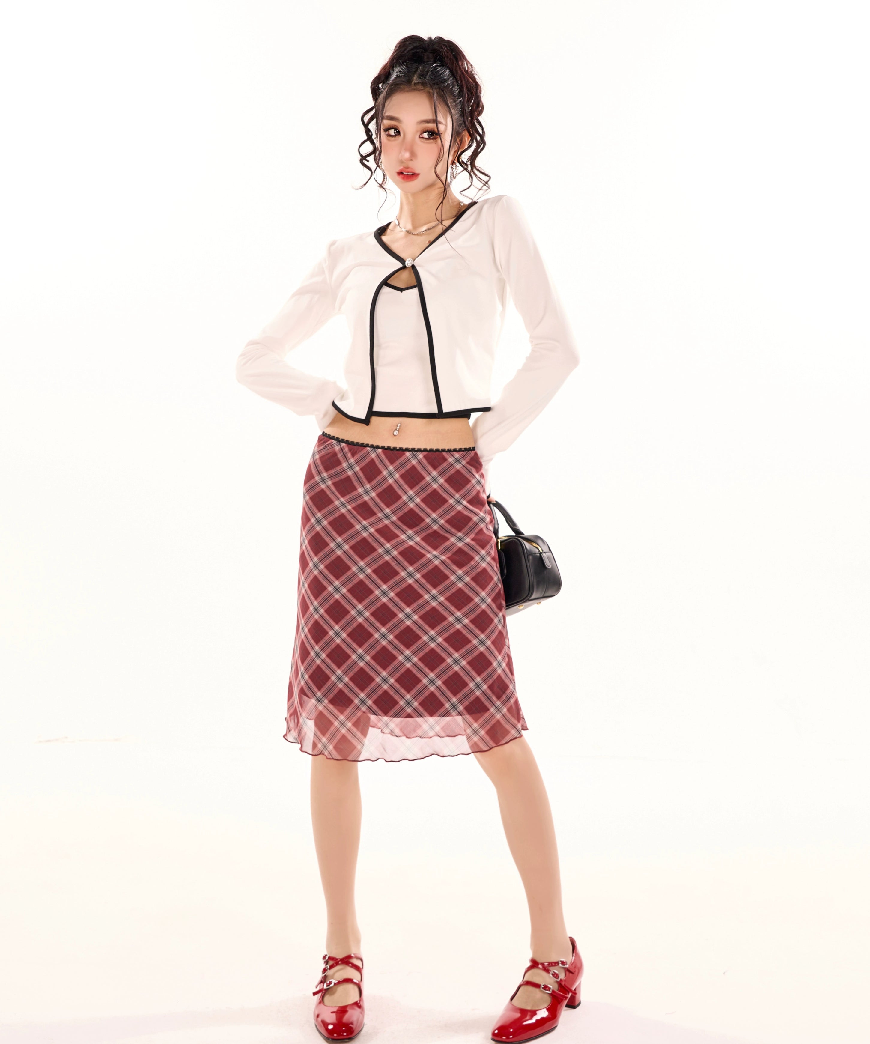 野生zerocircle 红色格子中长款半身裙女春夏a字显瘦低腰雪纺裙子