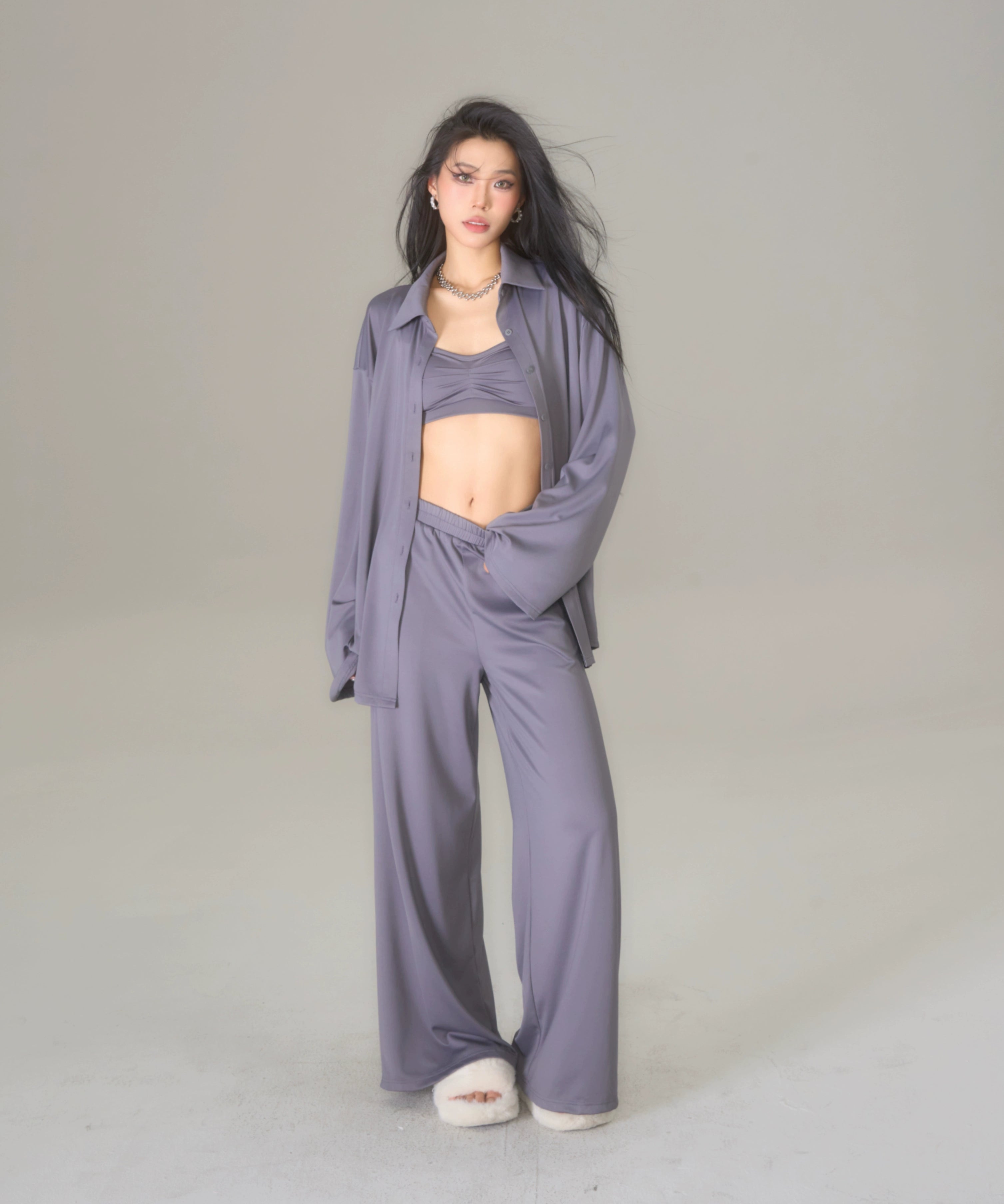 野生zerocircle绿灰色长袖衬衫三件套装女春宽松垂感微喇拖地裤子