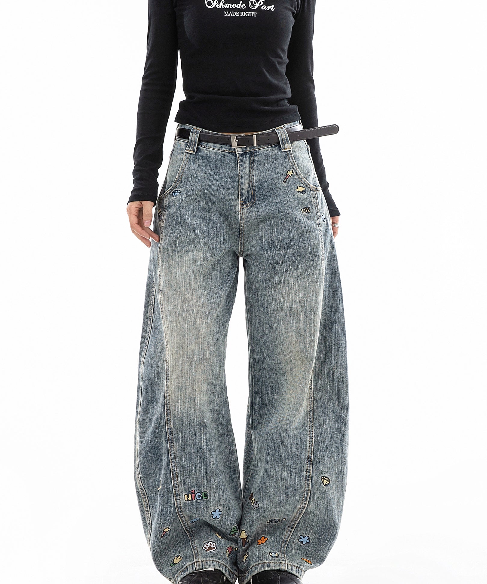 ICH MODE 美式复古小刺绣牛仔裤女宽松直筒裤阔腿弯刀裤休闲裤子