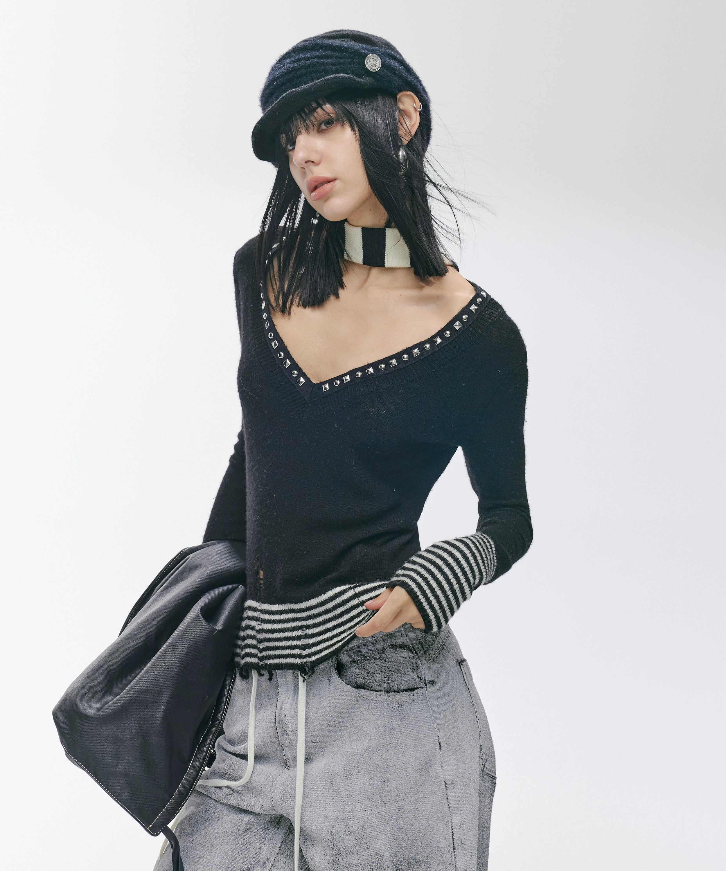 2th Desire原创朋克铆钉v领条纹拼接弹力修身打底羊毛针织衫上衣