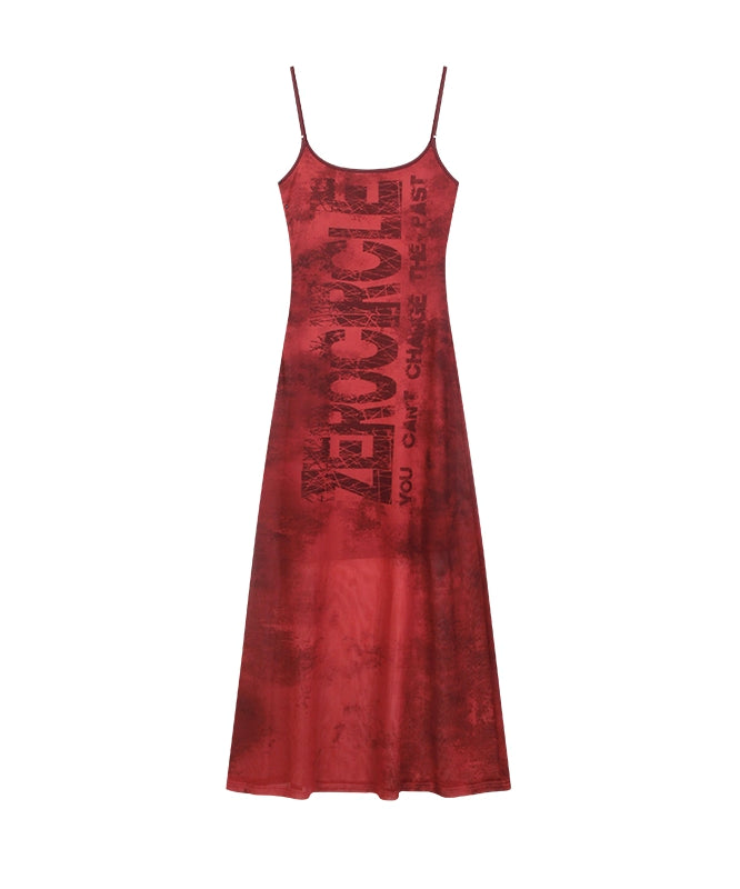 野生zero红绿色印花吊带连衣裙女夏辣妹设计感小众修身显瘦长裙子