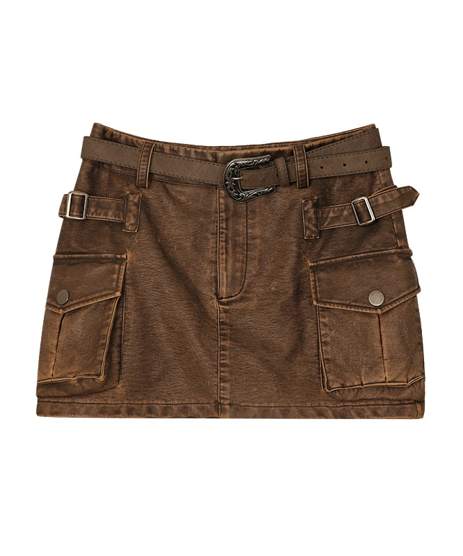 野生zerocircle棕咖色半身皮裙女夏设计感辣妹包臀显瘦低腰短裙子