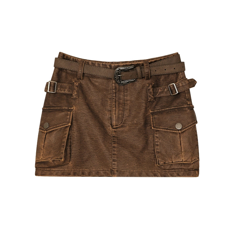 野生zerocircle棕咖色半身皮裙女夏设计感辣妹包臀显瘦低腰短裙子