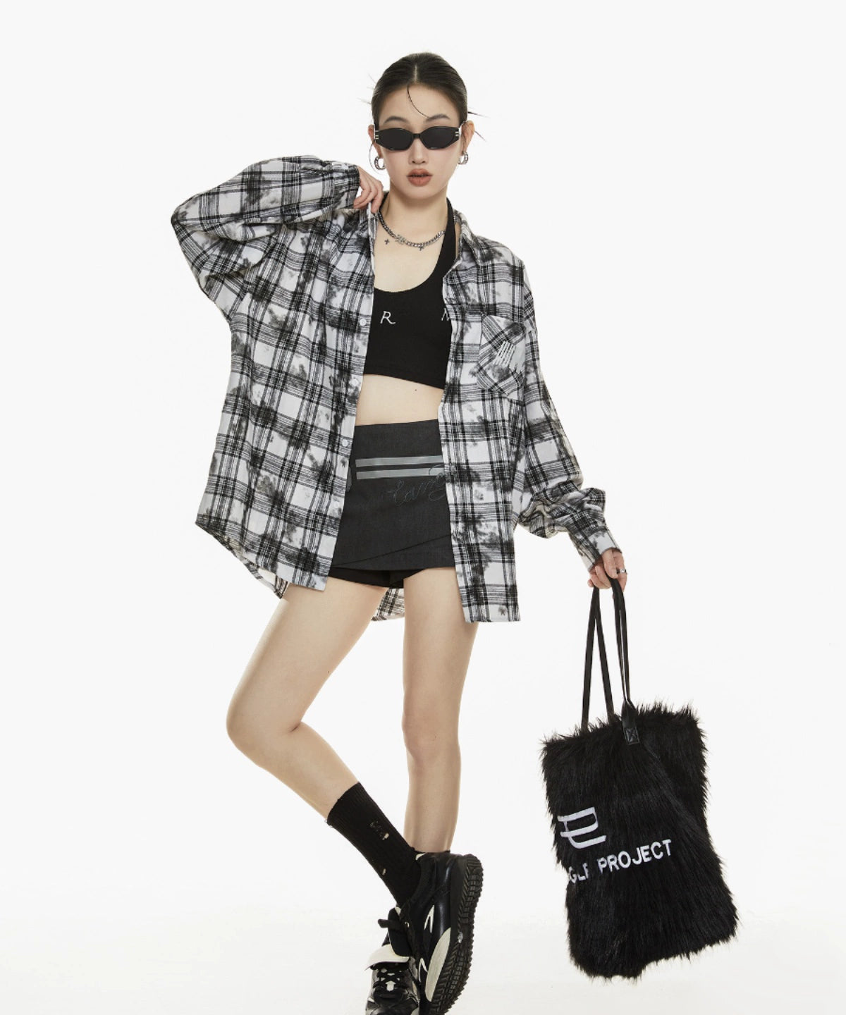 ICH MODE 美式复古格子衬衫女2025年秋冬新款高级感宽松休闲上衣