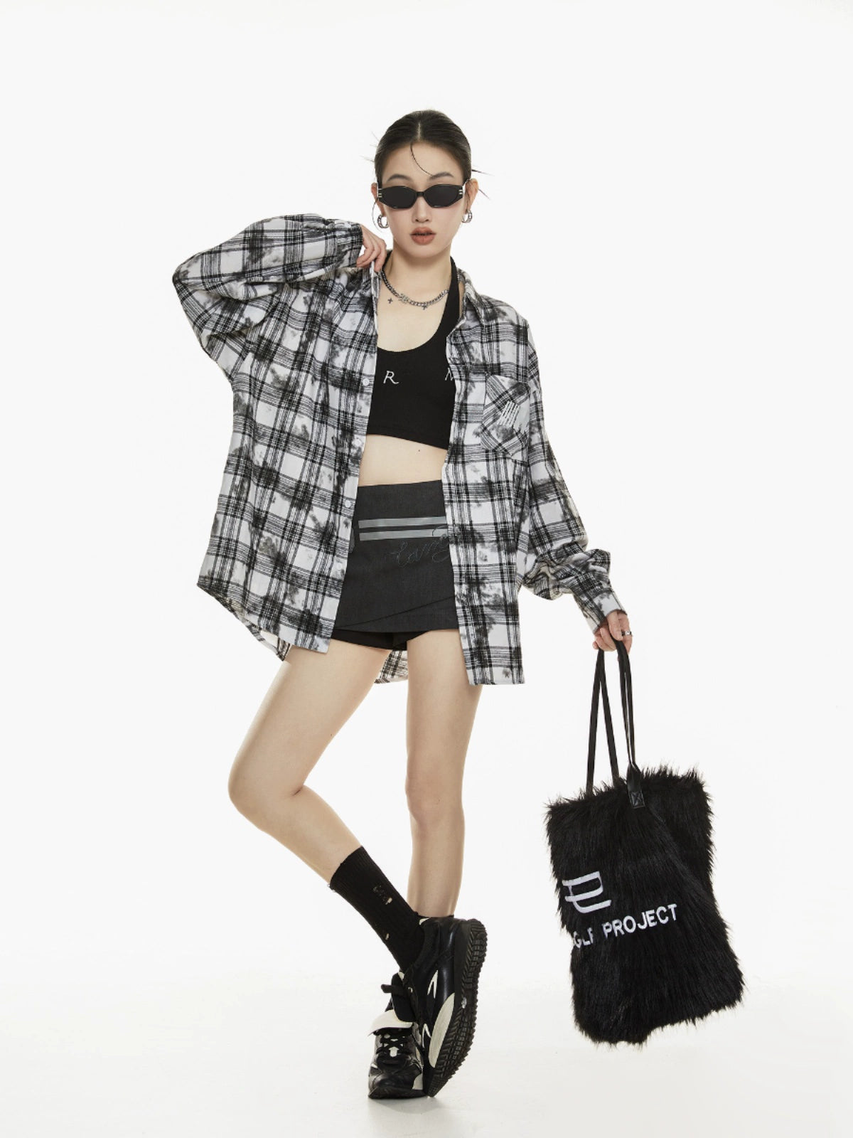 ICH MODE 美式复古格子衬衫女2025年秋冬新款高级感宽松休闲上衣