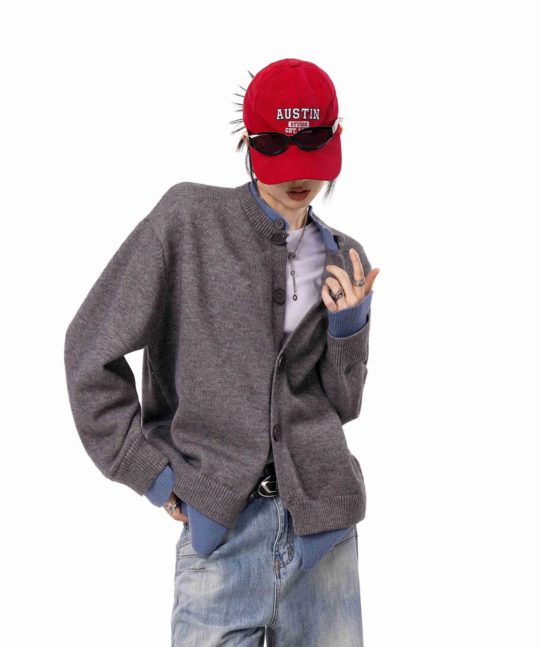 ICH MODE 美式假两件毛针织衫女2025年新款秋冬开衫毛衣长袖外套