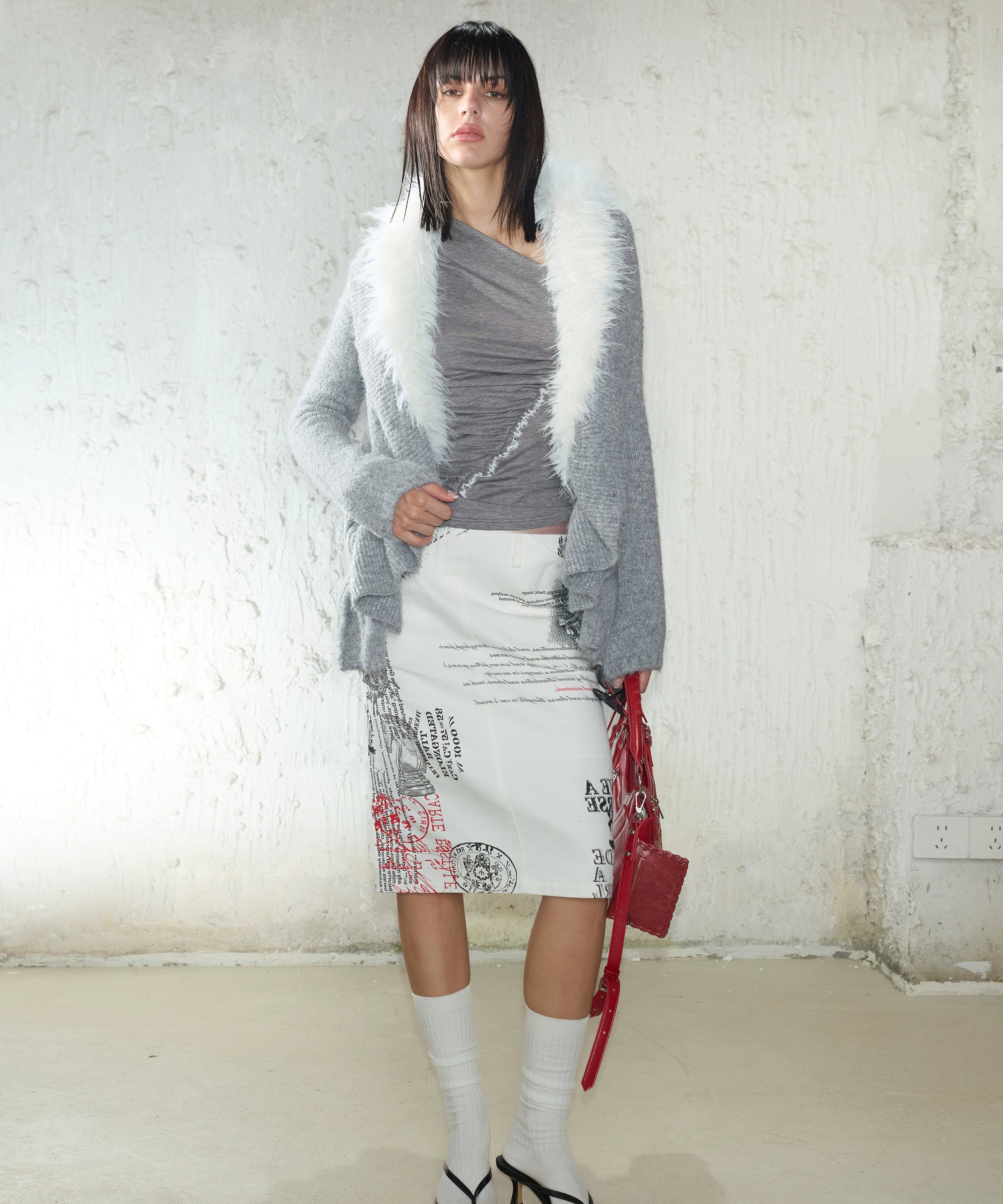 2th Desire街头辣妹美式复古缎面拼接字母印花中长款直筒半身裙