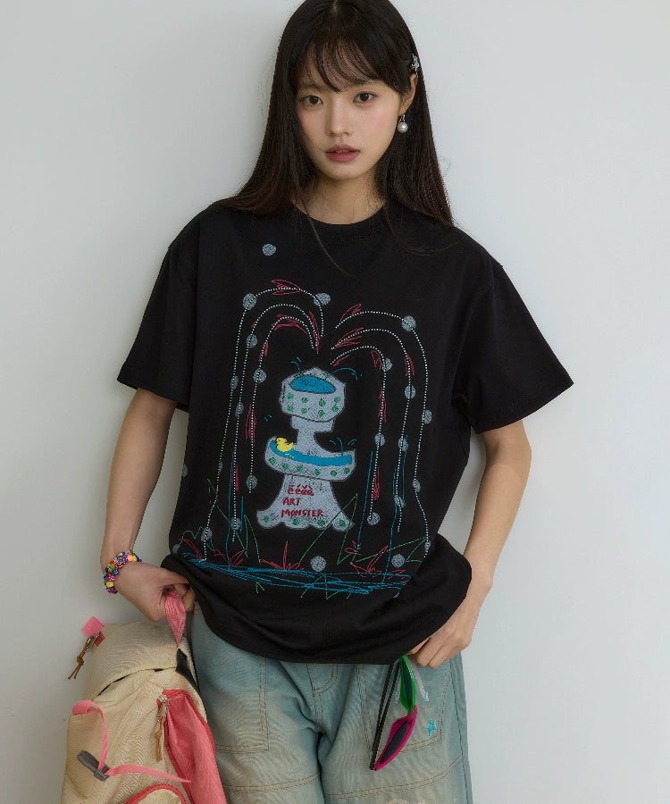 “闪光泉涌”| eeee小众设计感创意涂鸦喷泉短袖重工珠绣T恤夏季