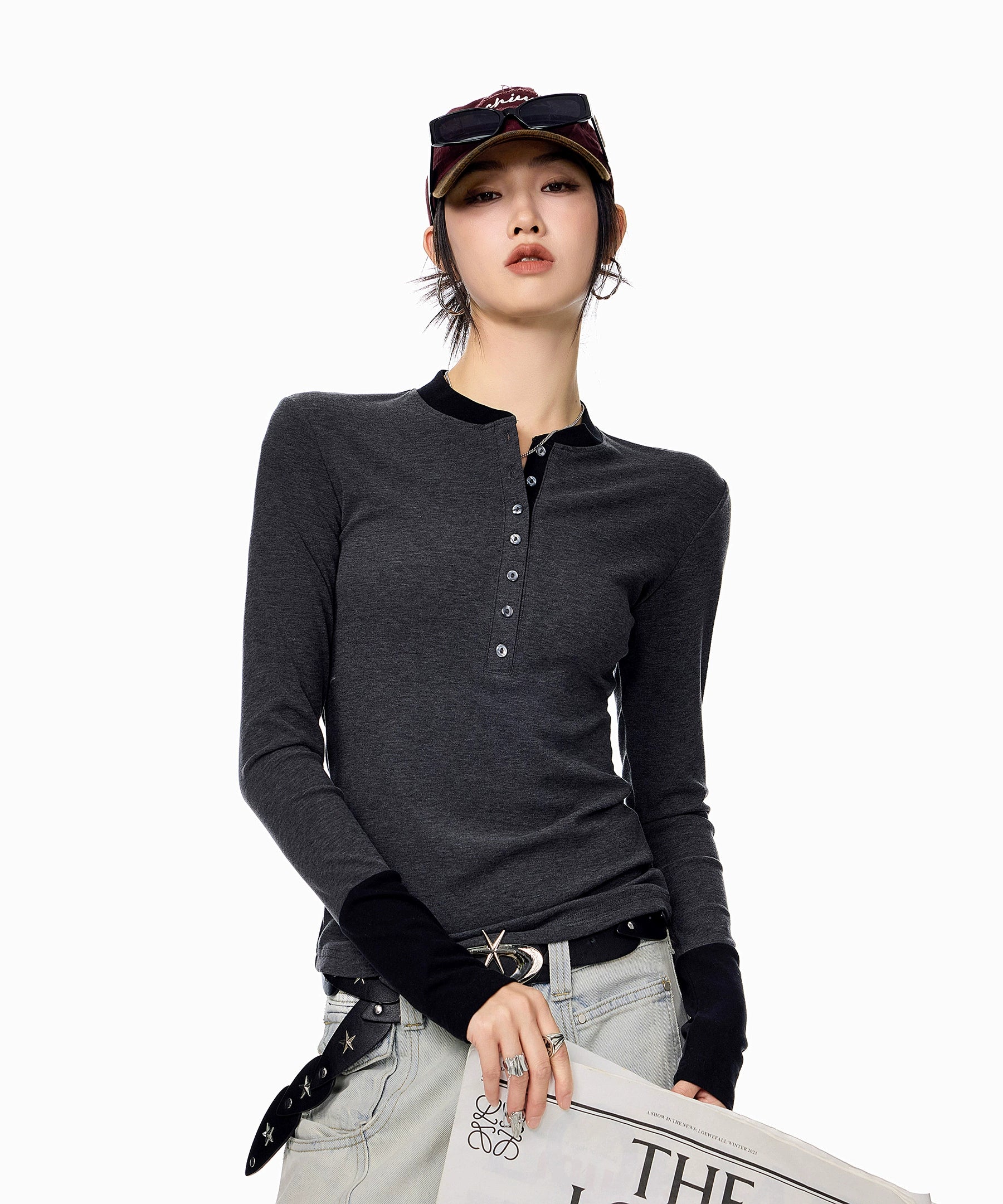 ICH MODE 美式复古假两件长袖T恤女秋冬亨利领一字肩修身打底上衣