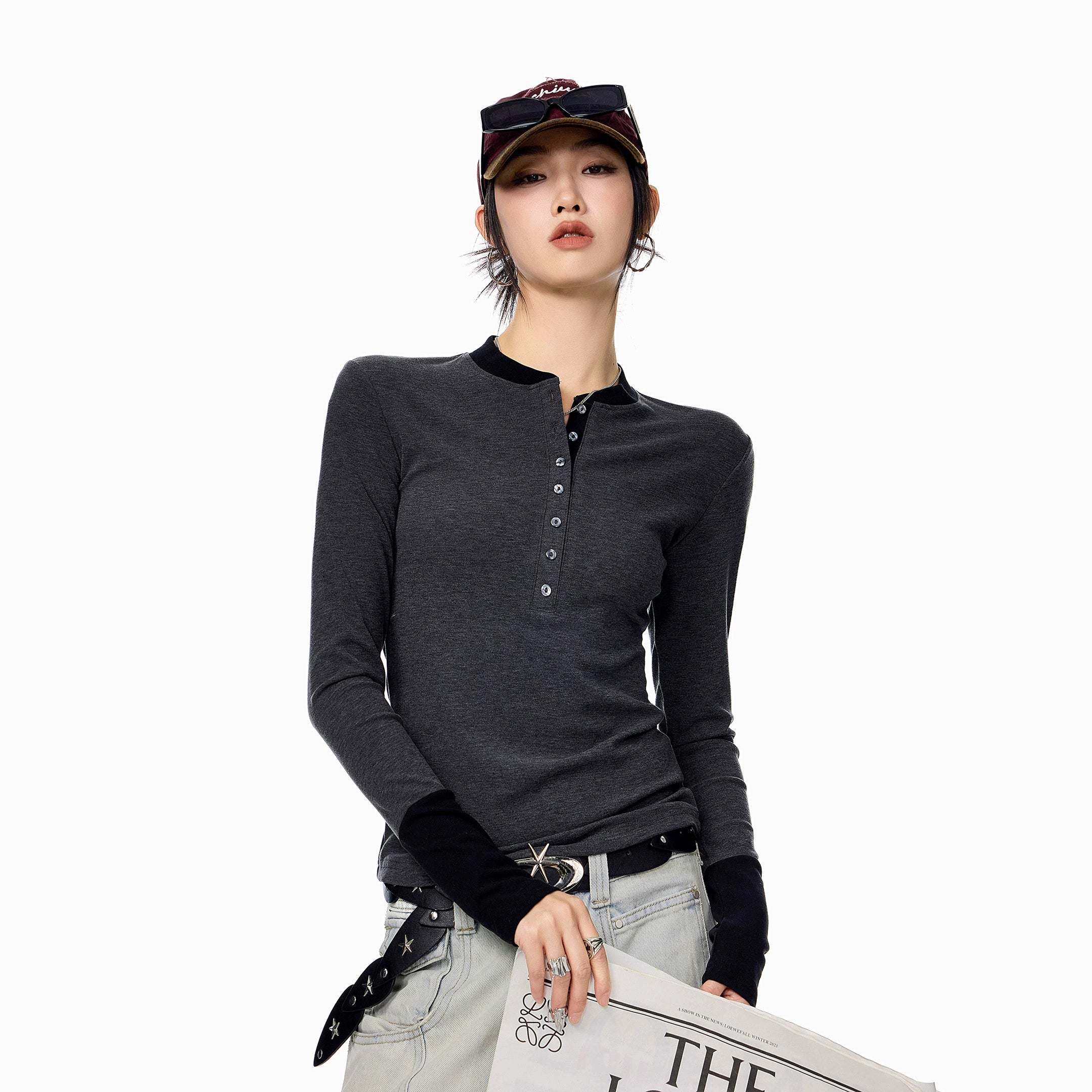 ICH MODE 美式复古假两件长袖T恤女秋冬亨利领一字肩修身打底上衣