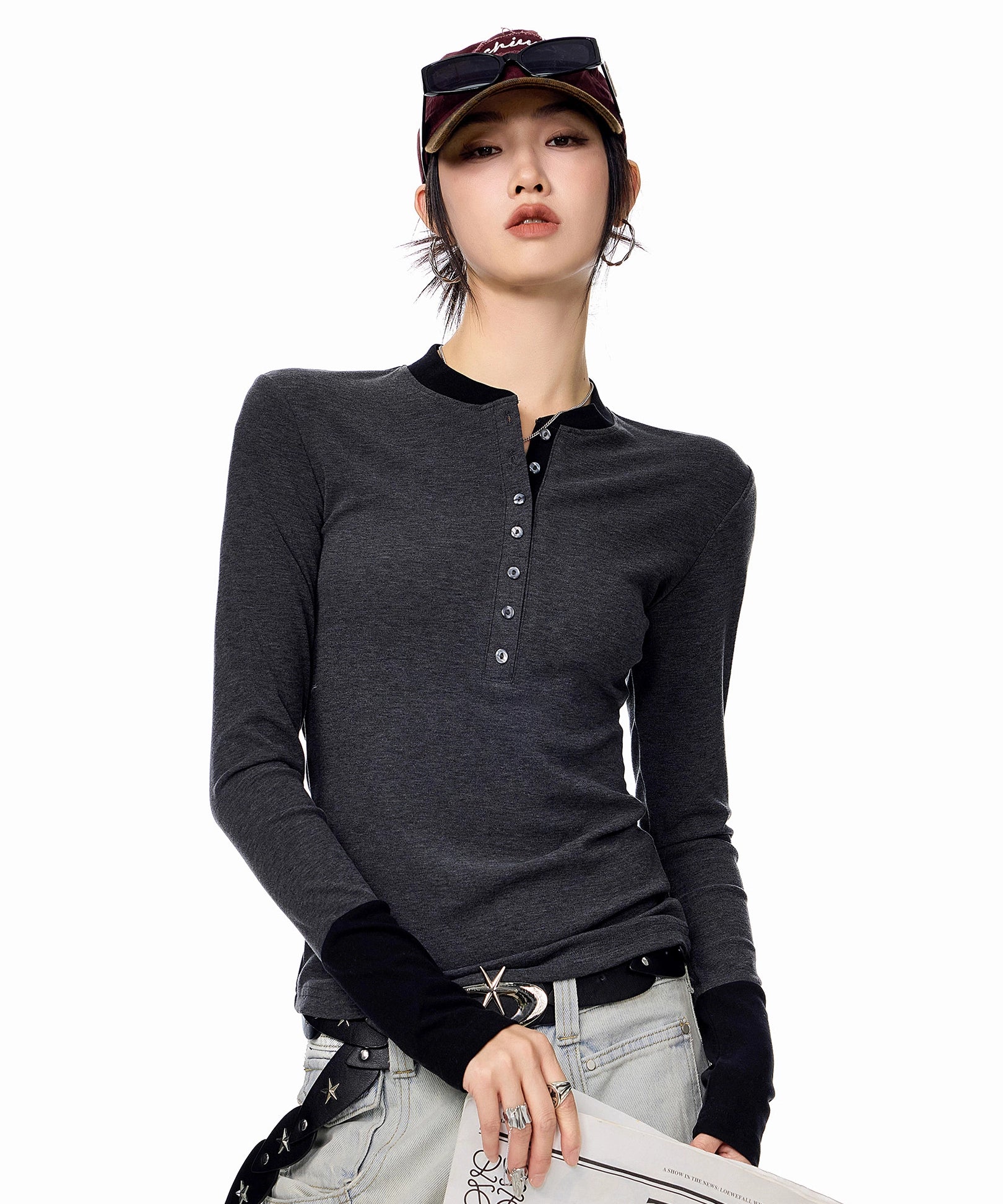 ICH MODE 美式复古假两件长袖T恤女秋冬亨利领一字肩修身打底上衣