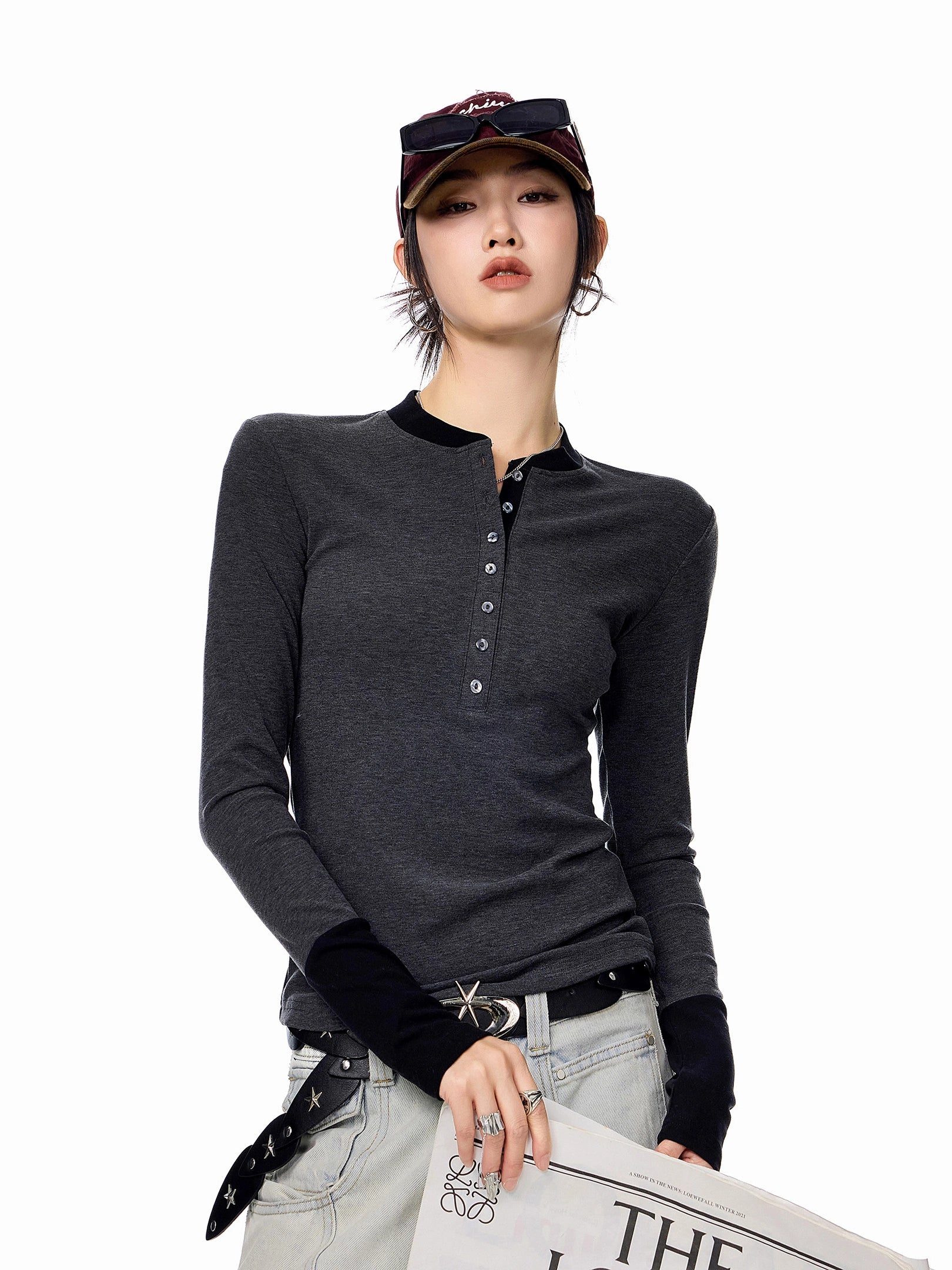 ICH MODE 美式复古假两件长袖T恤女秋冬亨利领一字肩修身打底上衣