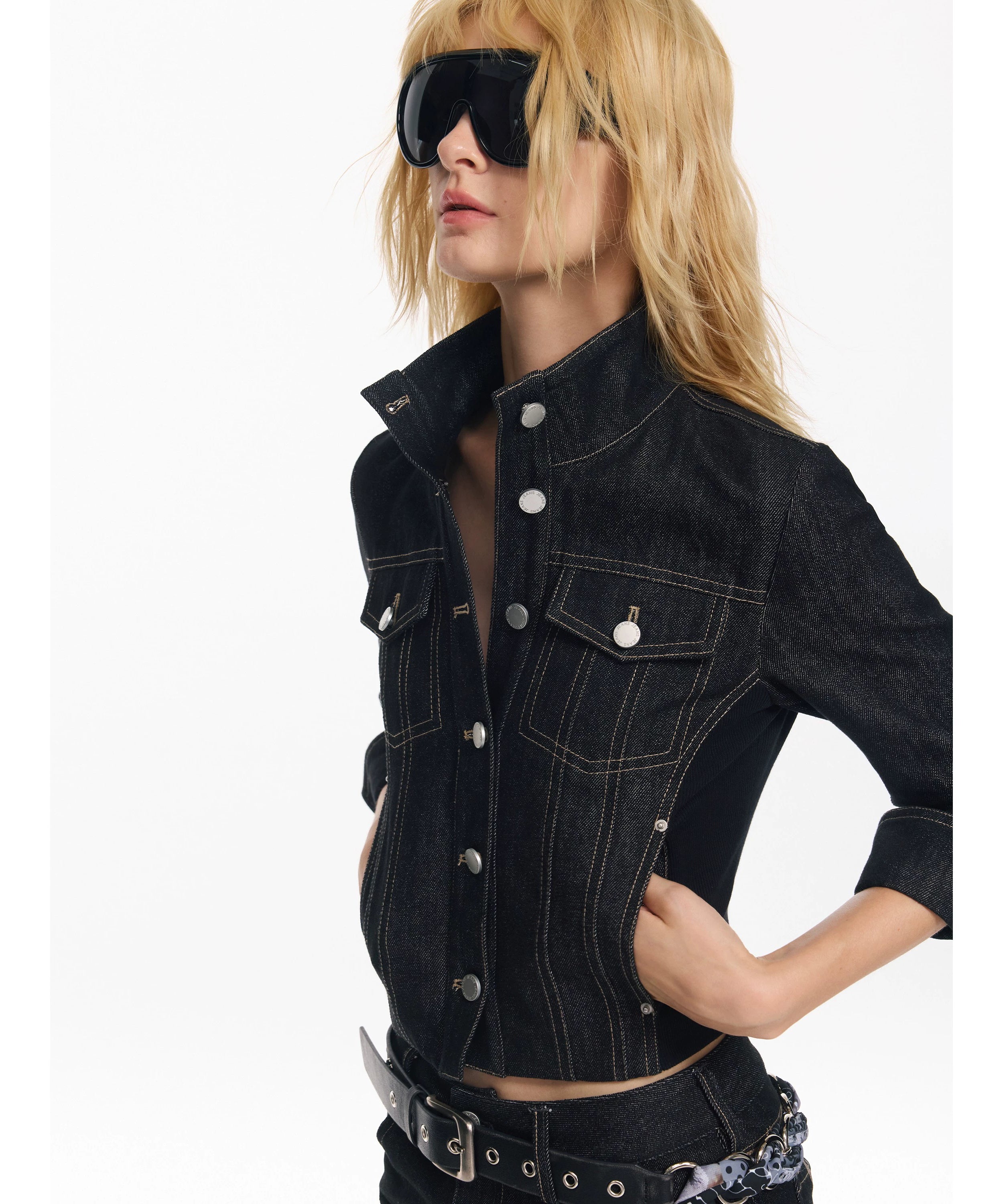 2th Desire重工原色明线复古水洗翻领夹克牛仔外套刺绣半裙套装