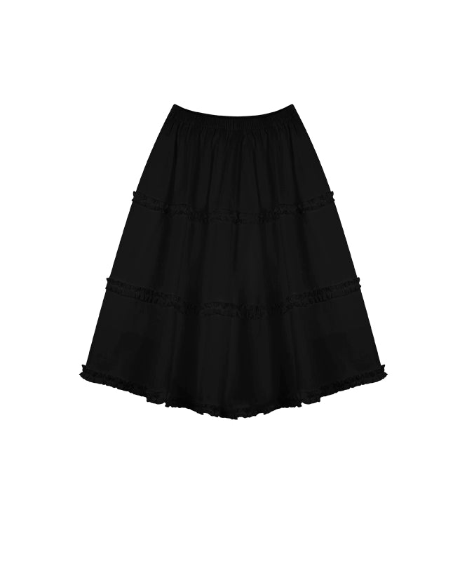 野生zero 白黑色松紧腰荷叶边半身裙女夏a字宽松显瘦中长蛋糕裙子