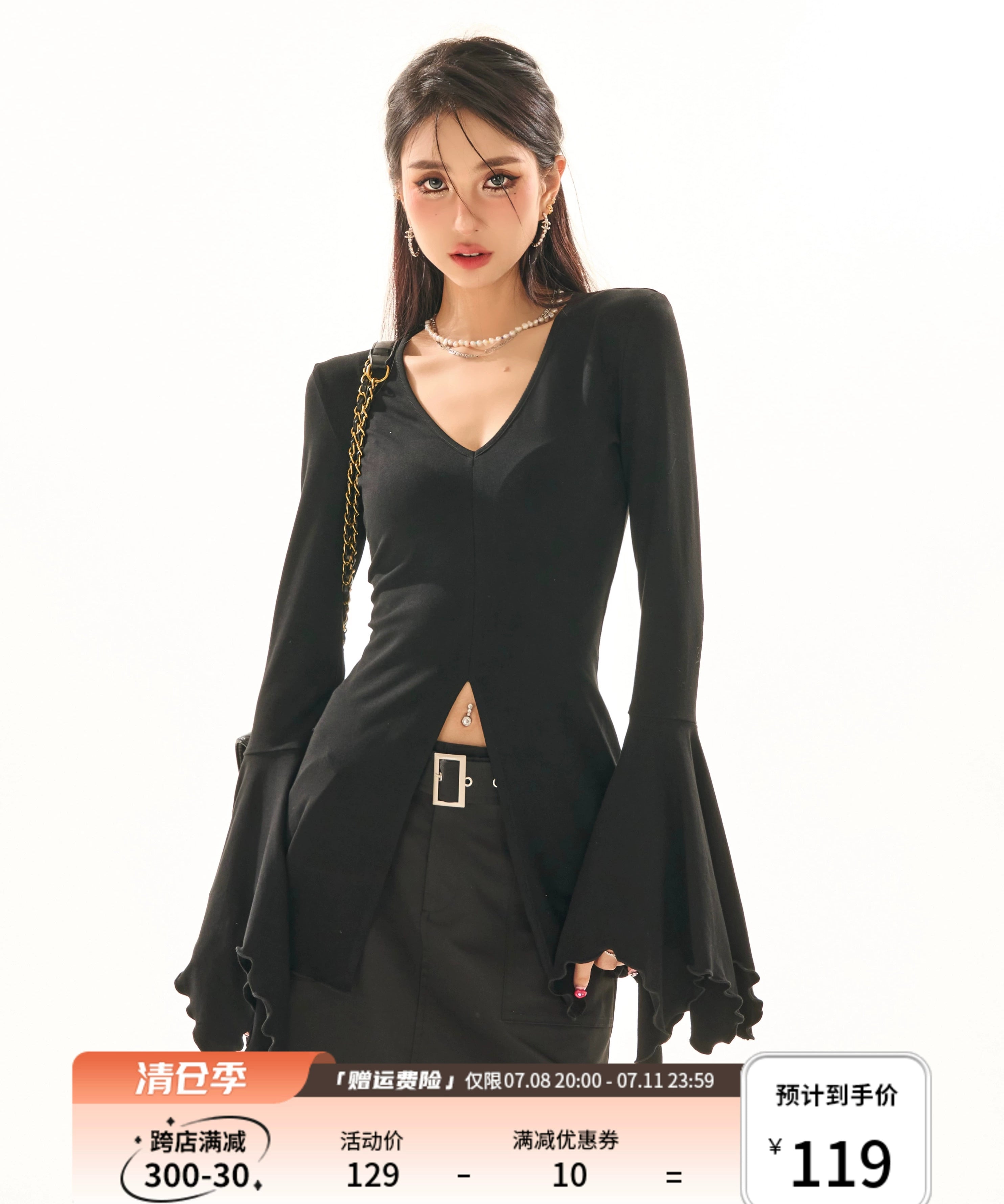 野生zerocircle 黑灰白色针织衫女春夏修身显瘦开叉喇叭袖v领上衣