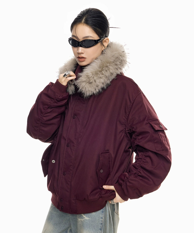 ICH MODE 美式复古毛领加厚棉服女秋冬季宽松保暖派克服棉衣外套