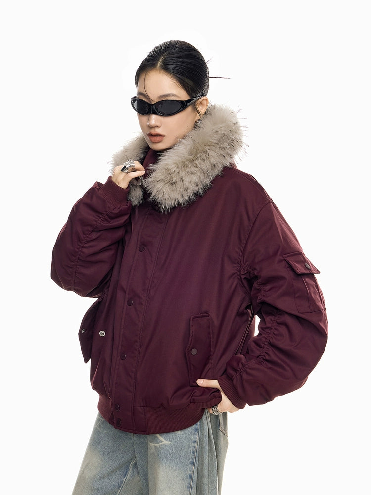 ICH MODE 美式复古毛领加厚棉服女秋冬季宽松保暖派克服棉衣外套