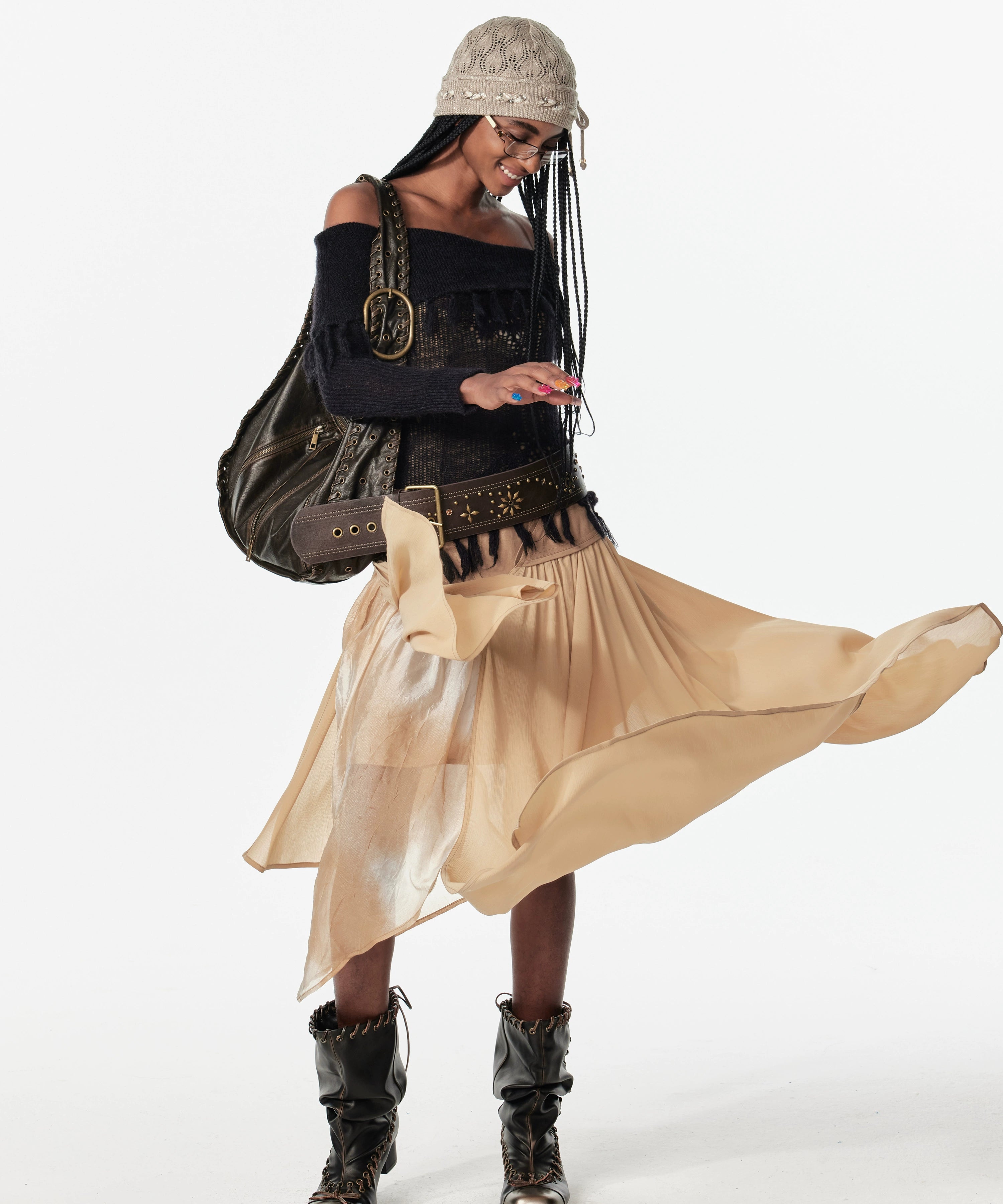 2th Desire蝴蝶结串珠绑带镂空立体花式包头帽织带针织帽毛线冷帽