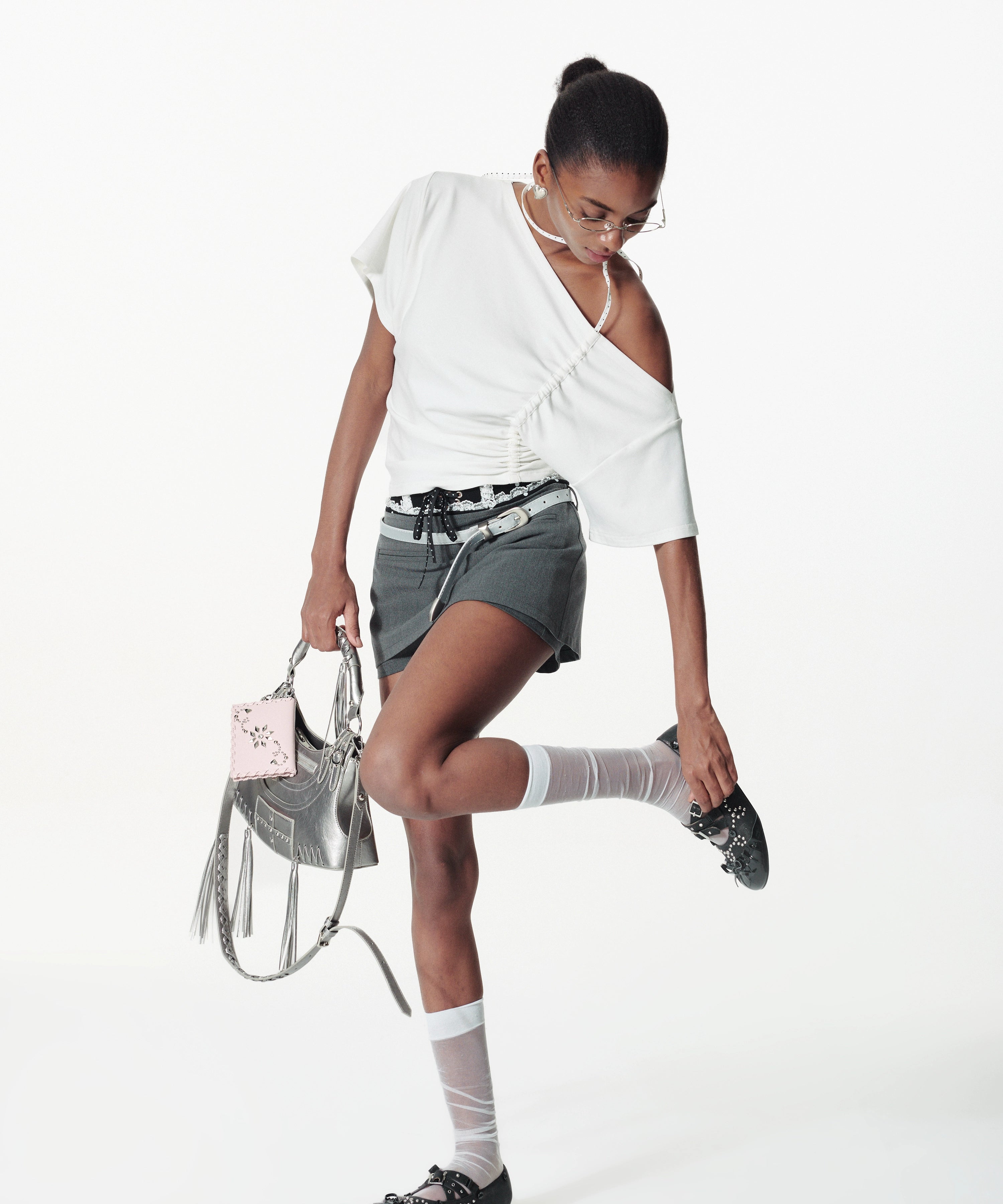 2th Desire斜肩撞色波点抽绳绑带拼接宽松蝙蝠袖柔软T恤上衣女