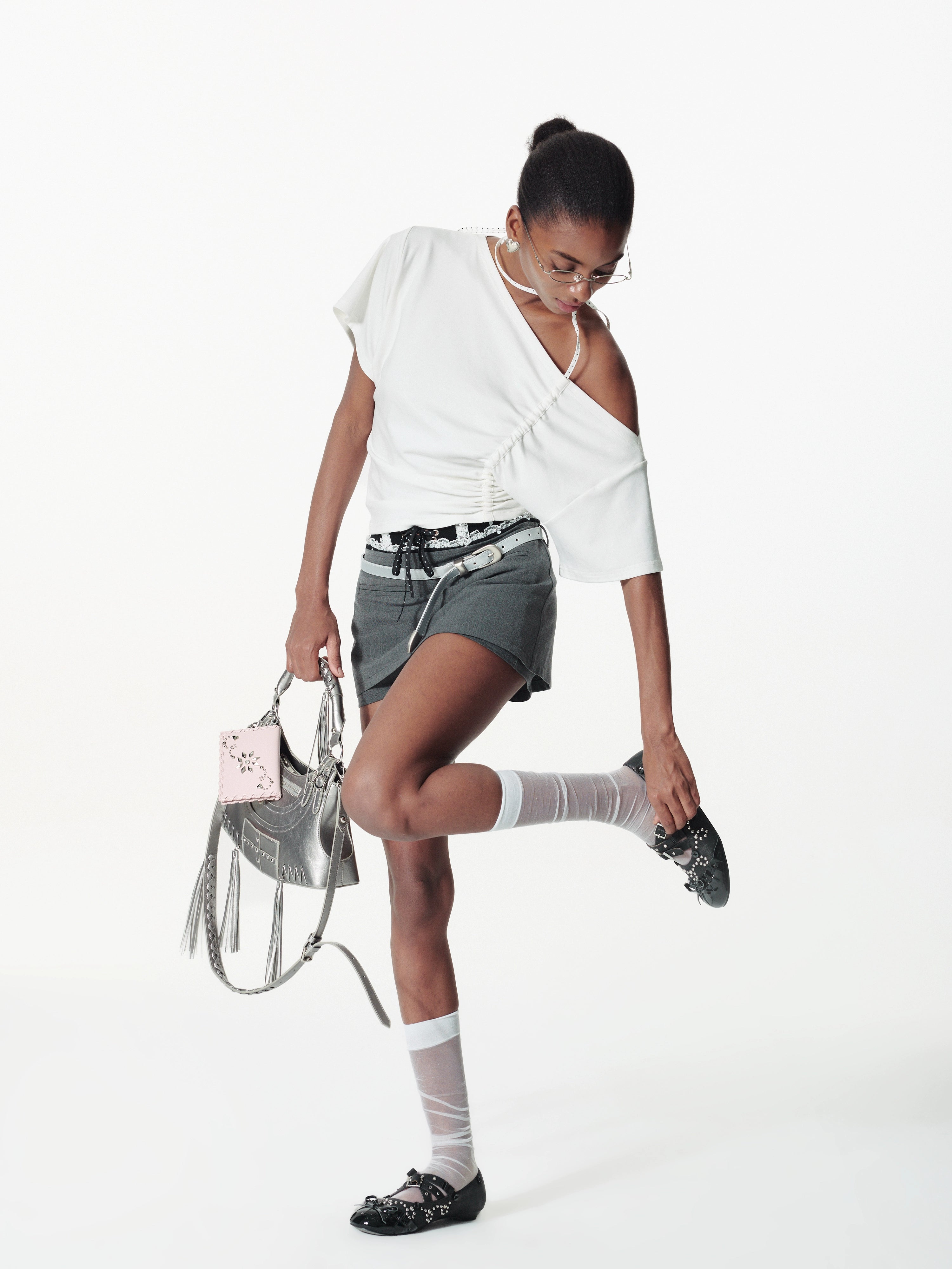 2th Desire斜肩撞色波点抽绳绑带拼接宽松蝙蝠袖柔软T恤上衣女