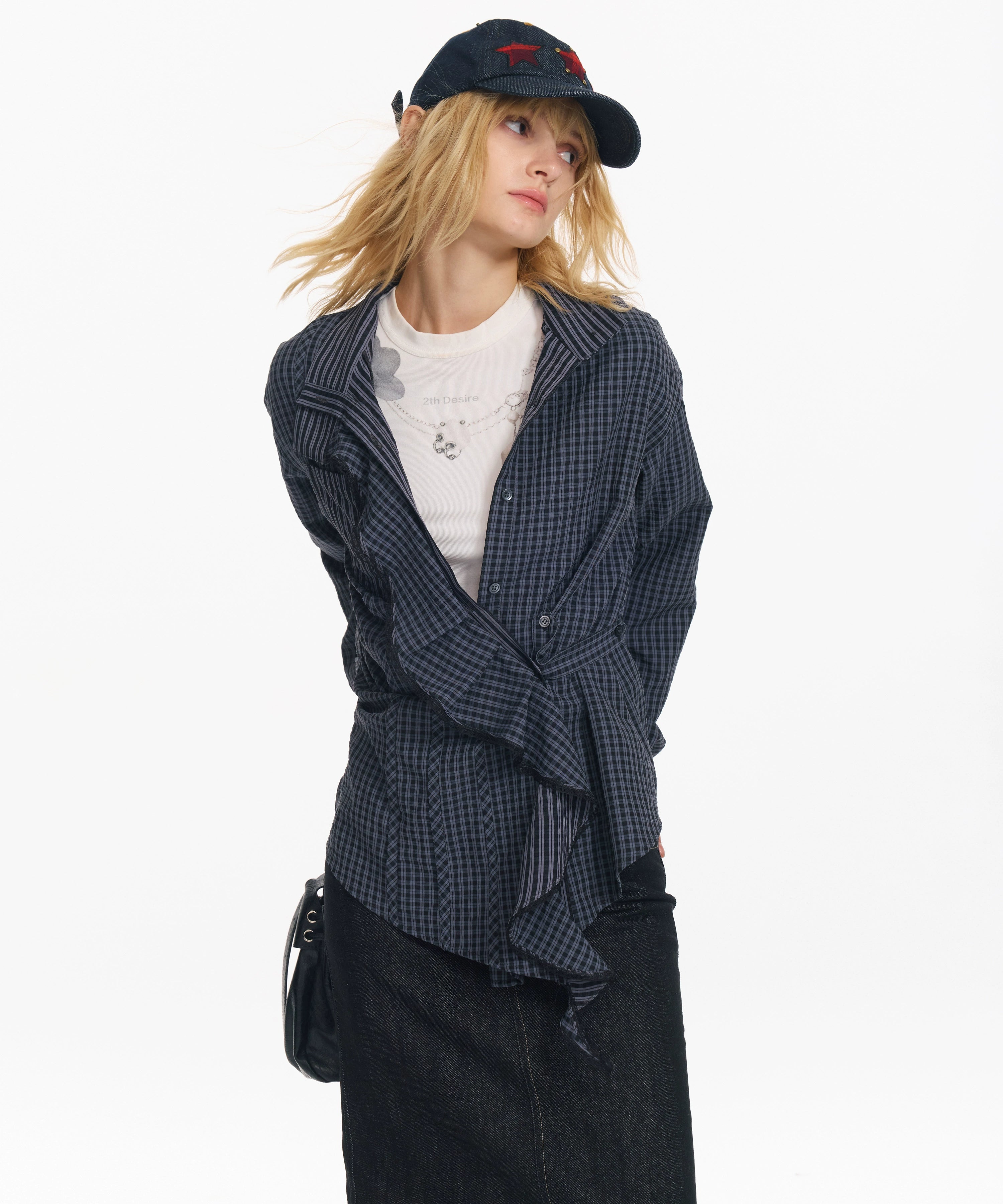 2th Desire 镂空绣花格纹不规则设计荷叶边宽松可收腰松弛感衬衫