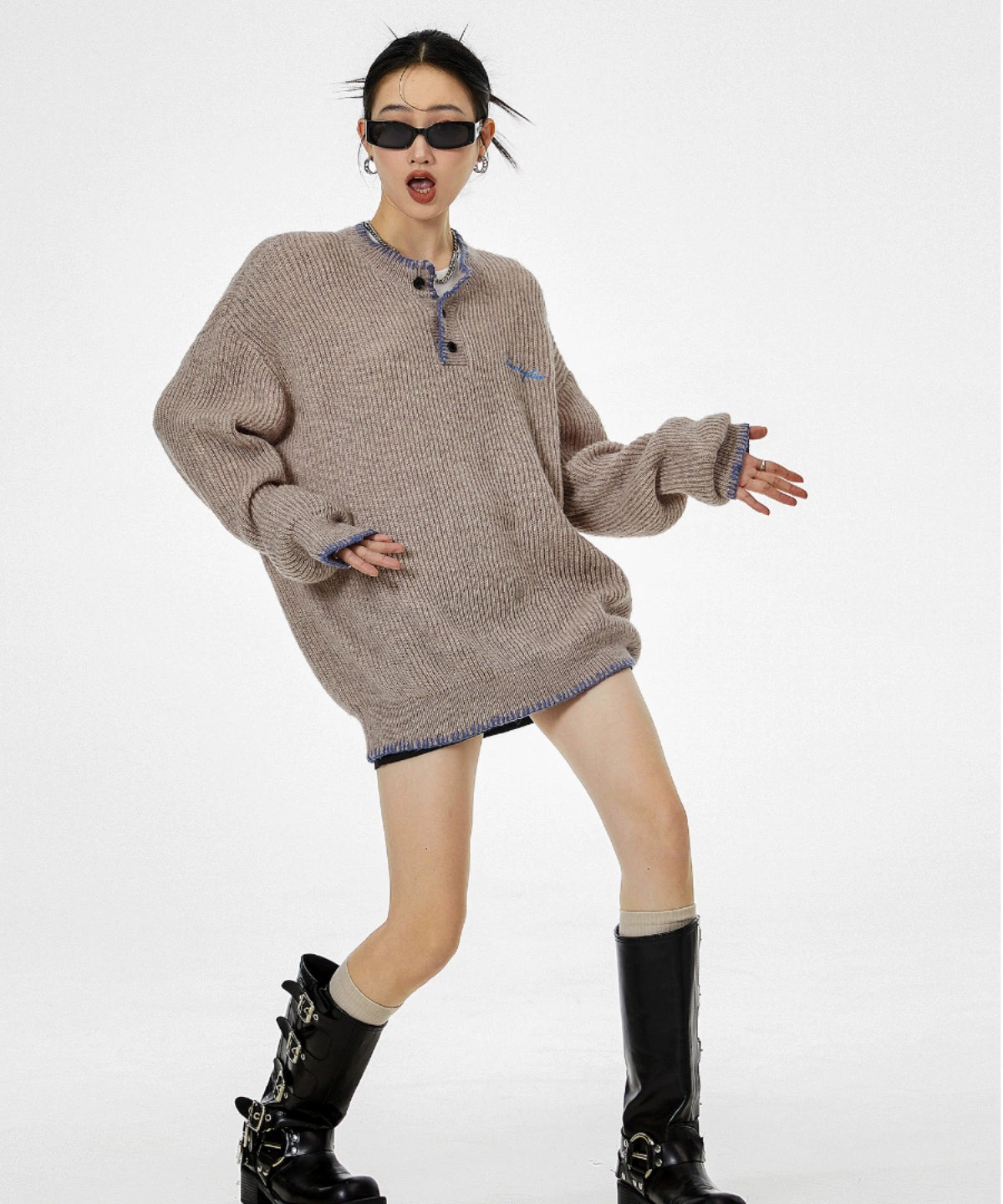 ICH MODE 美式复古亨利领毛衣女2025新款冬季宽松慵懒风针织上衣